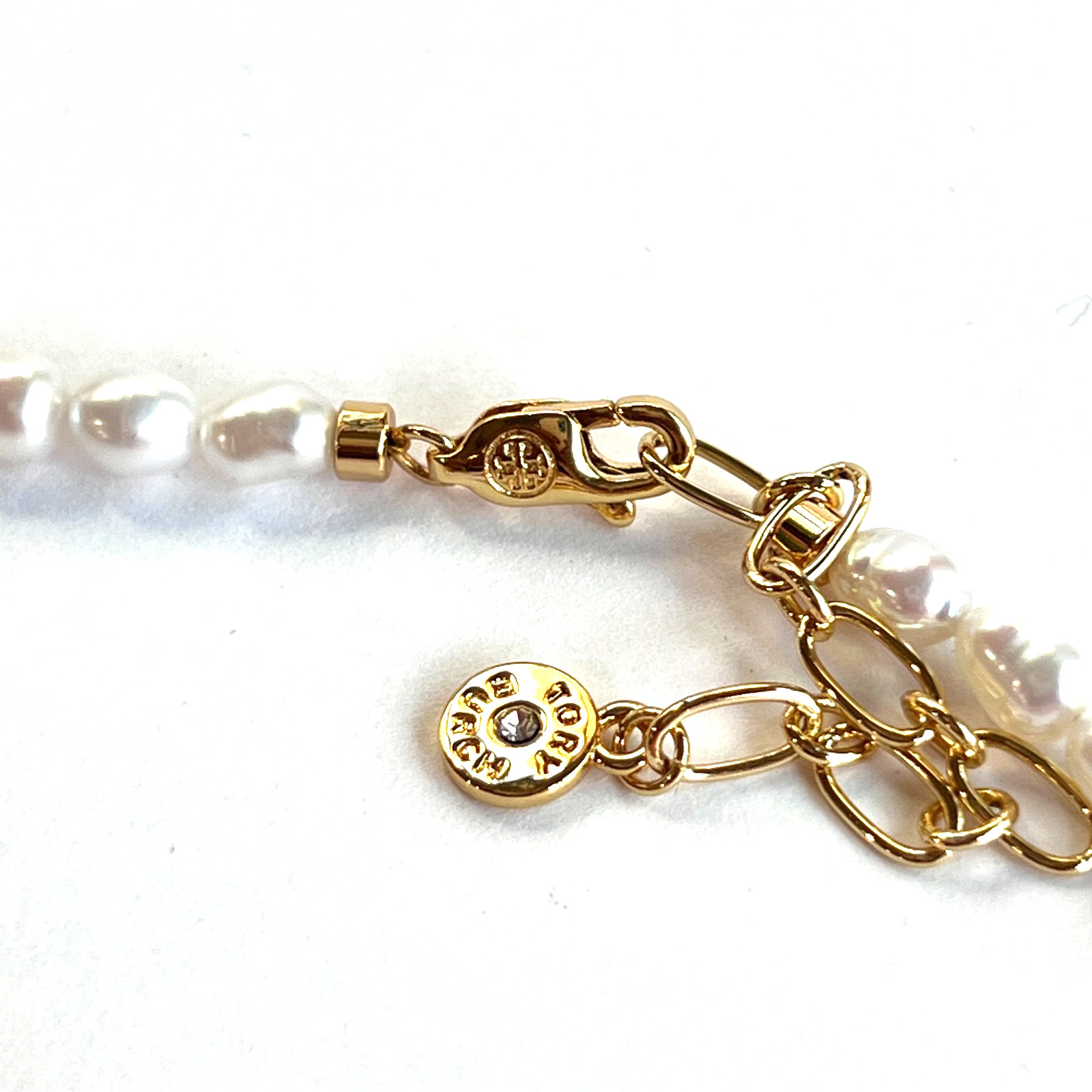 Tory Burch 18k Gold Bezel Crystal Charm Natural Pearl Adjustable Necklace NEW