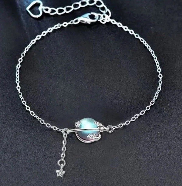 Sterling Silver Aurora Blue Moonstone Planet Star Heart Bracelet 925 New 7.5 In