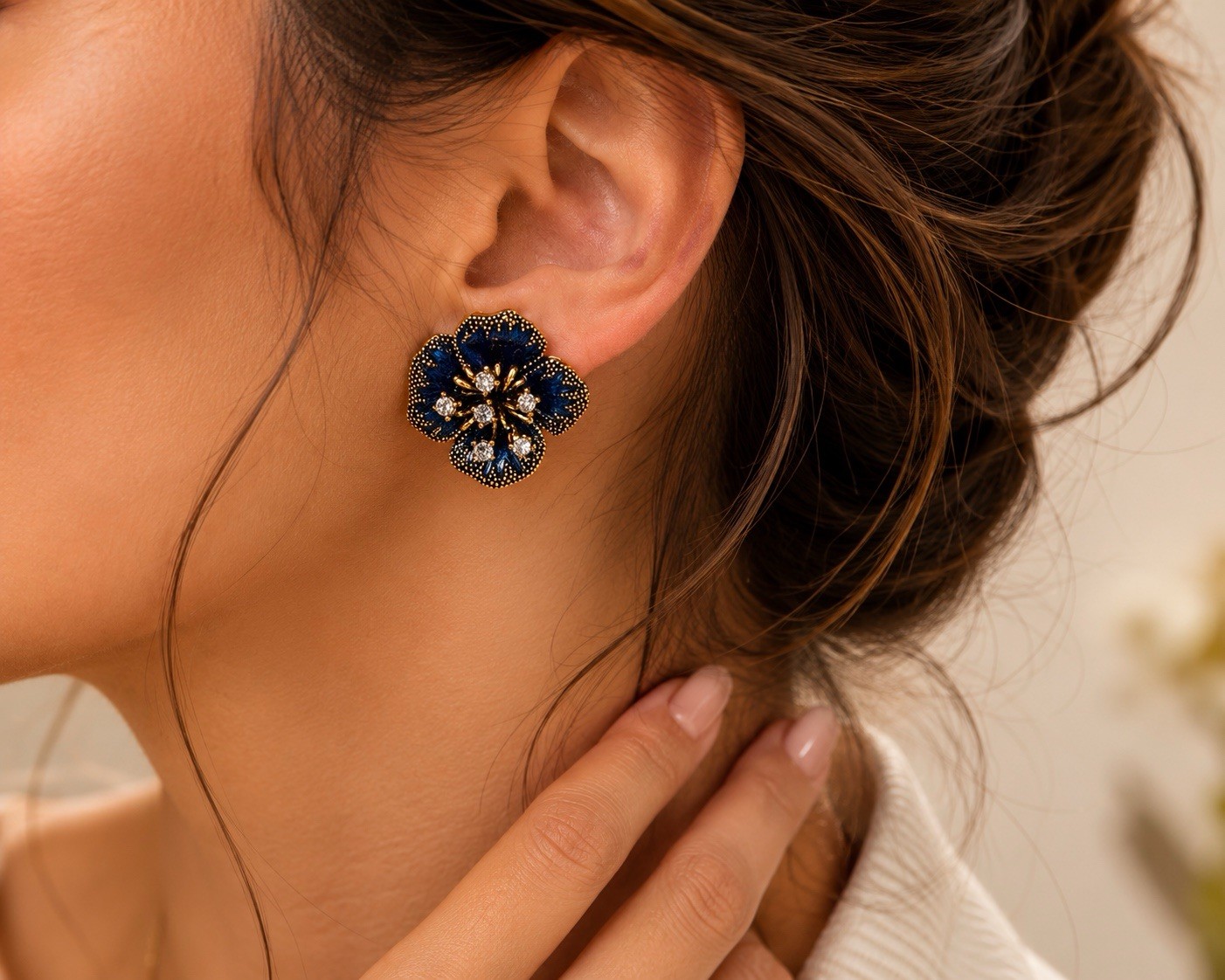 Stud Earrings Blue Enamel Flower Cluster Clear Rhinestone Screw Back Gold