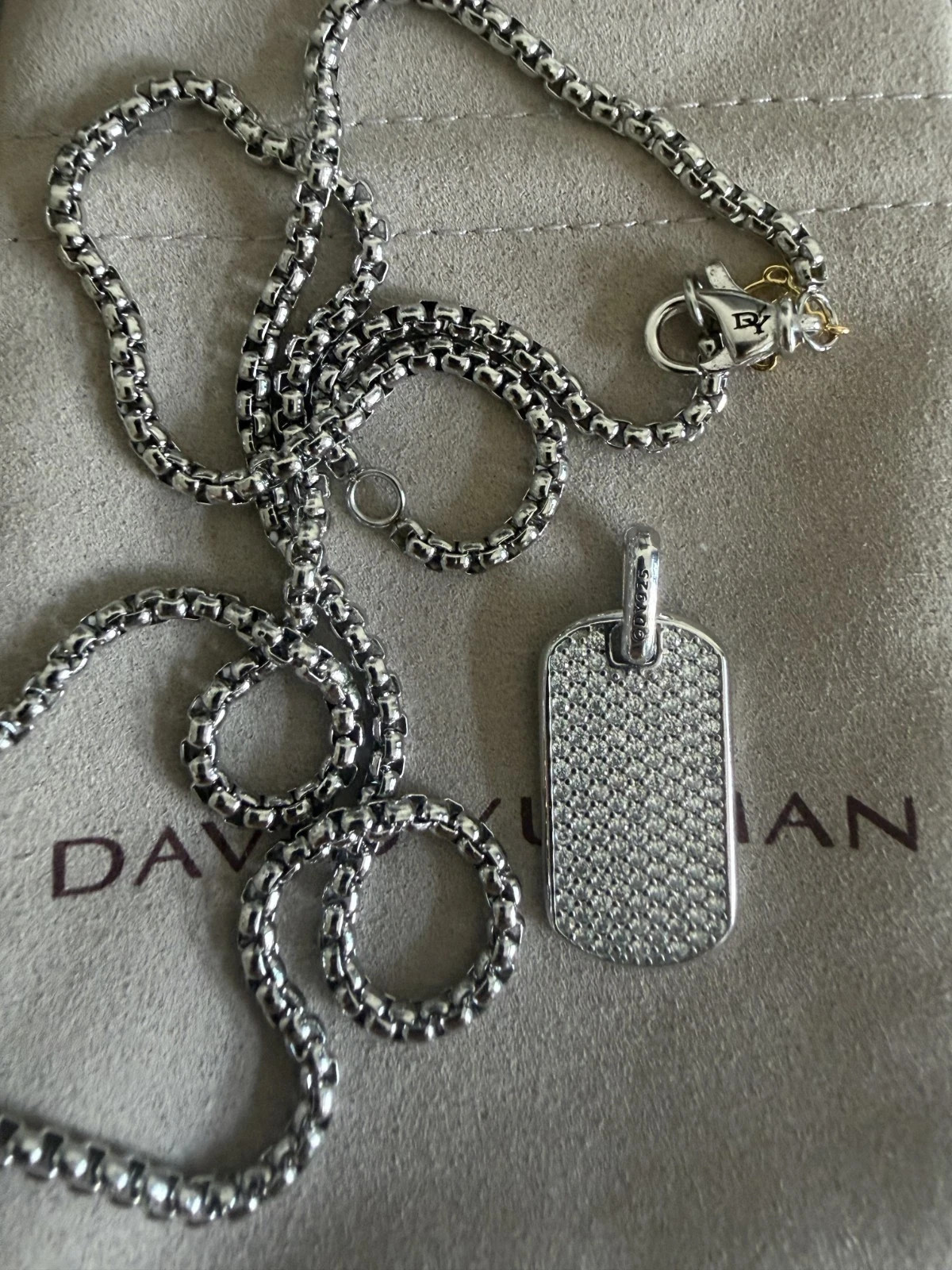925 Silver David Yurman Diamond Dog tag Pendant with 22″ Chain Necklace
