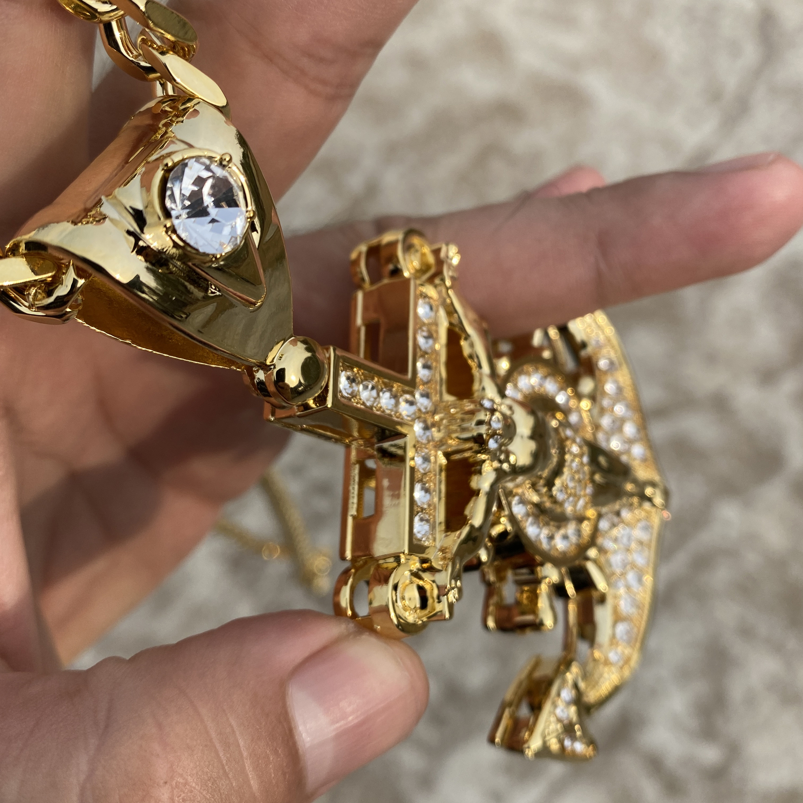 18K Gold Plated Huge Mariners Cross Anchor Jesus Chain 30″ Simulated CZ 30″
