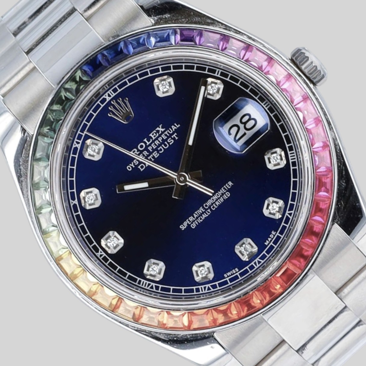 Rolex Datejust II 116334 41mm Blue Diamond Rainbow Oyster Steel Automatic Watch