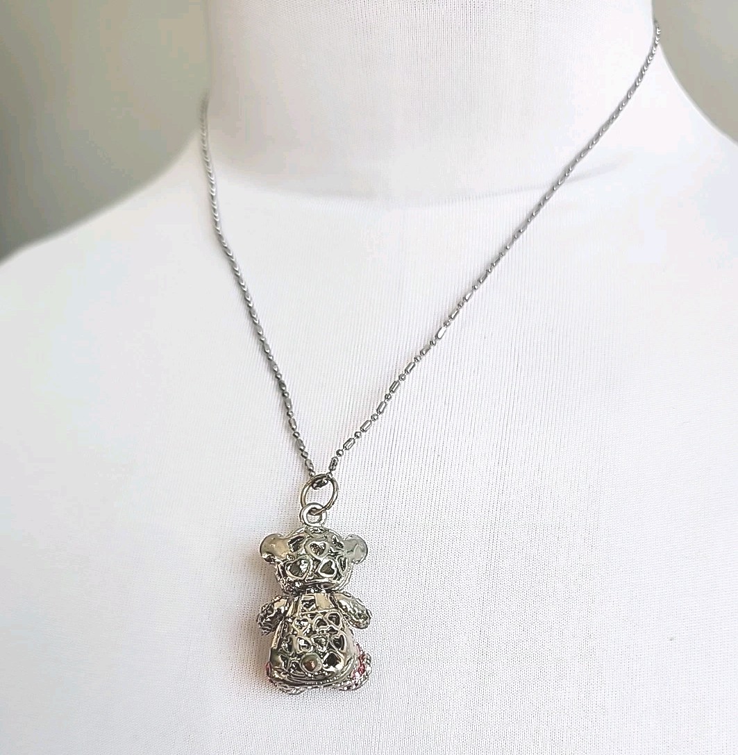Silver Toned Teddy Bear Chrystal Pendant Necklace With Moving Head Pink White S