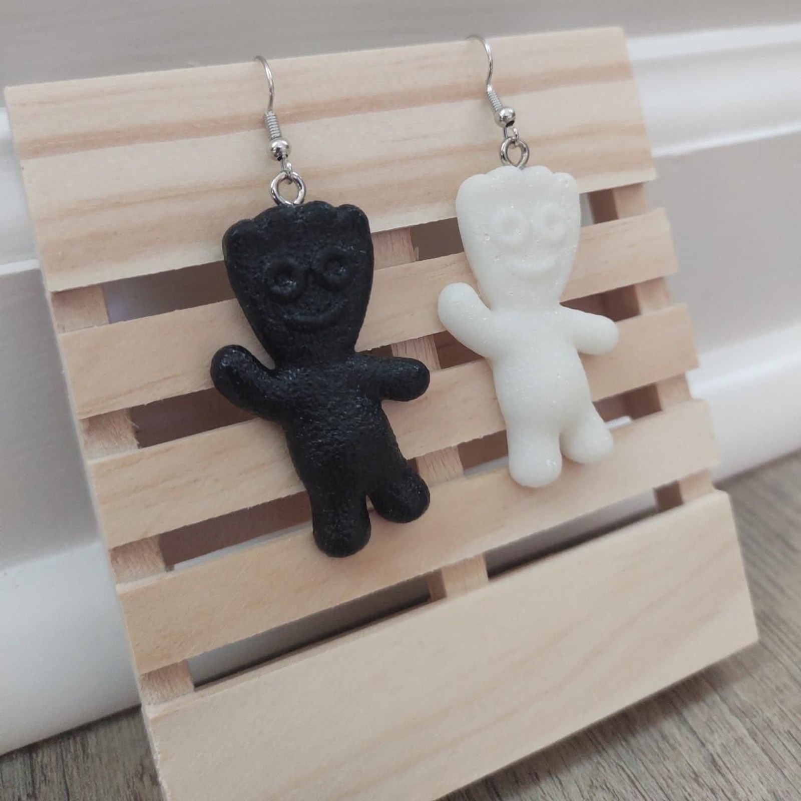 Handmade Black and White Mismatched Sour Patch Kids Resin Earrings