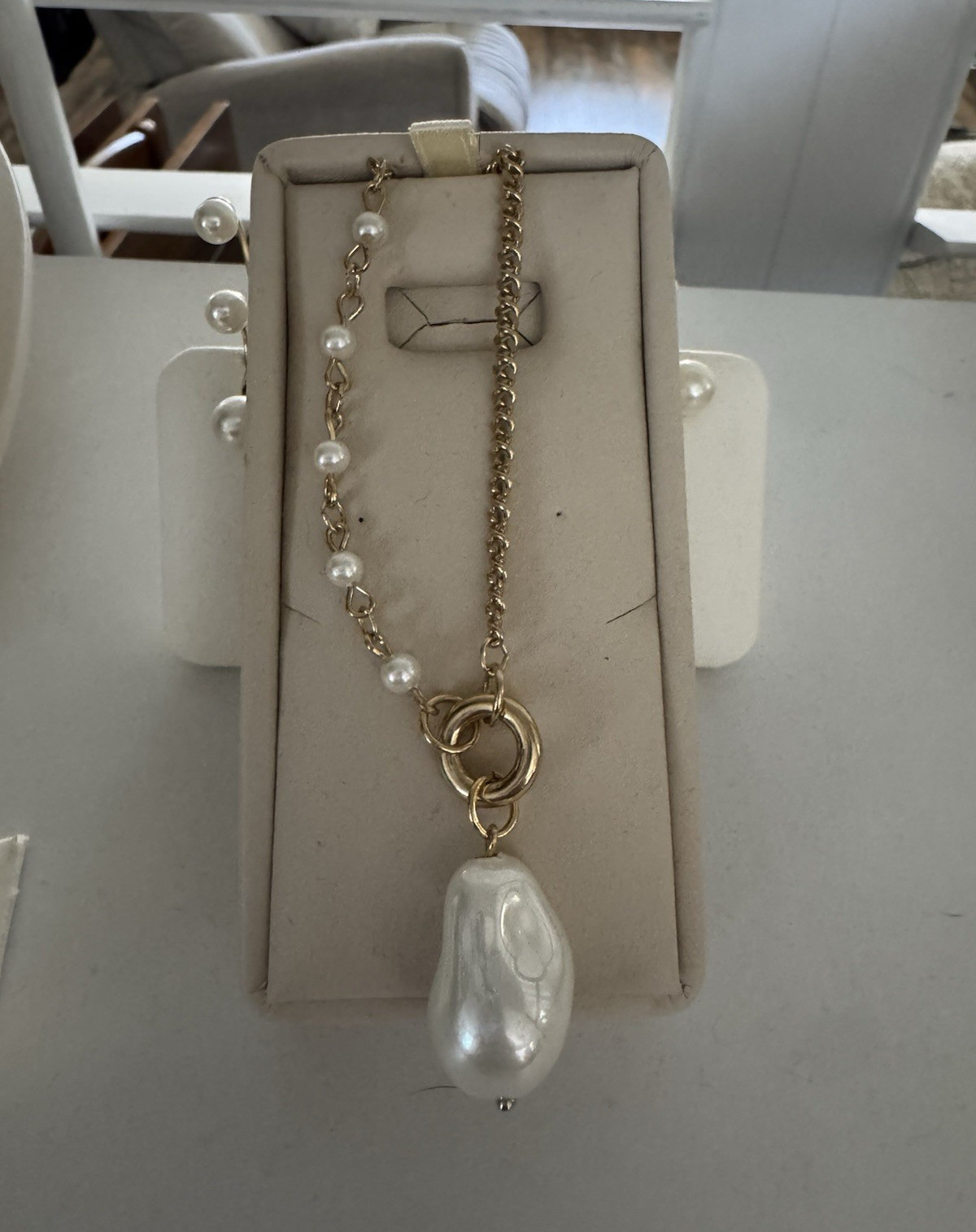 N&B Gold Plated Cable Chain Necklace Asymmetrical Charm Pendant Baroque Pearl