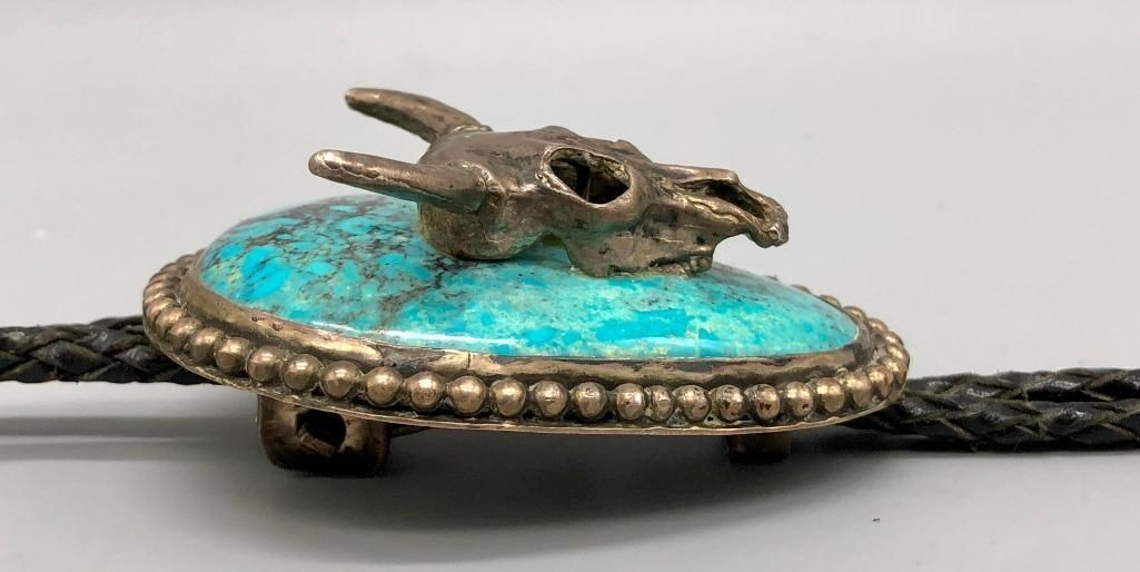 Turquoise Steer Head Bolo Tie Western Silver Leather Cord Statement Piece