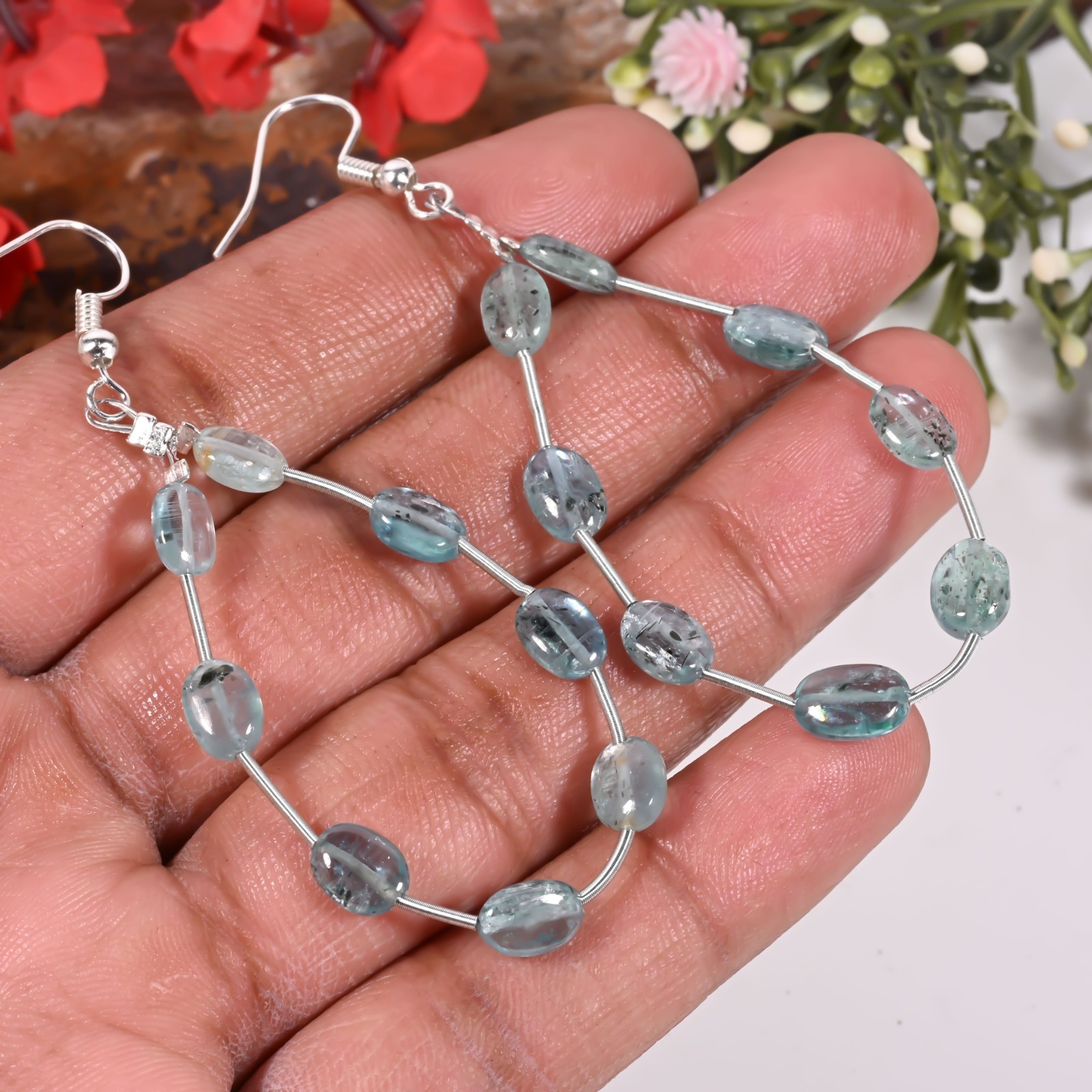 Natural Aqua Kyanite Oval Dangle Earrings Handmade Tumbled Gemstone
