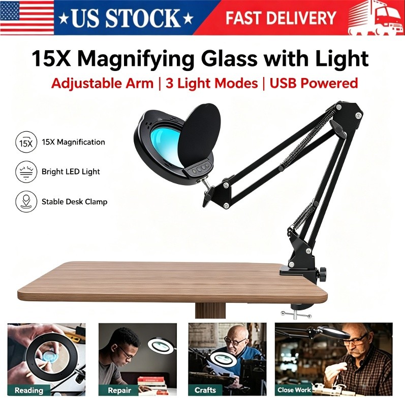 15X Magnifying Glass Desk Light Magnifier LED Lamp Reading Lamp With Lid + Clamp