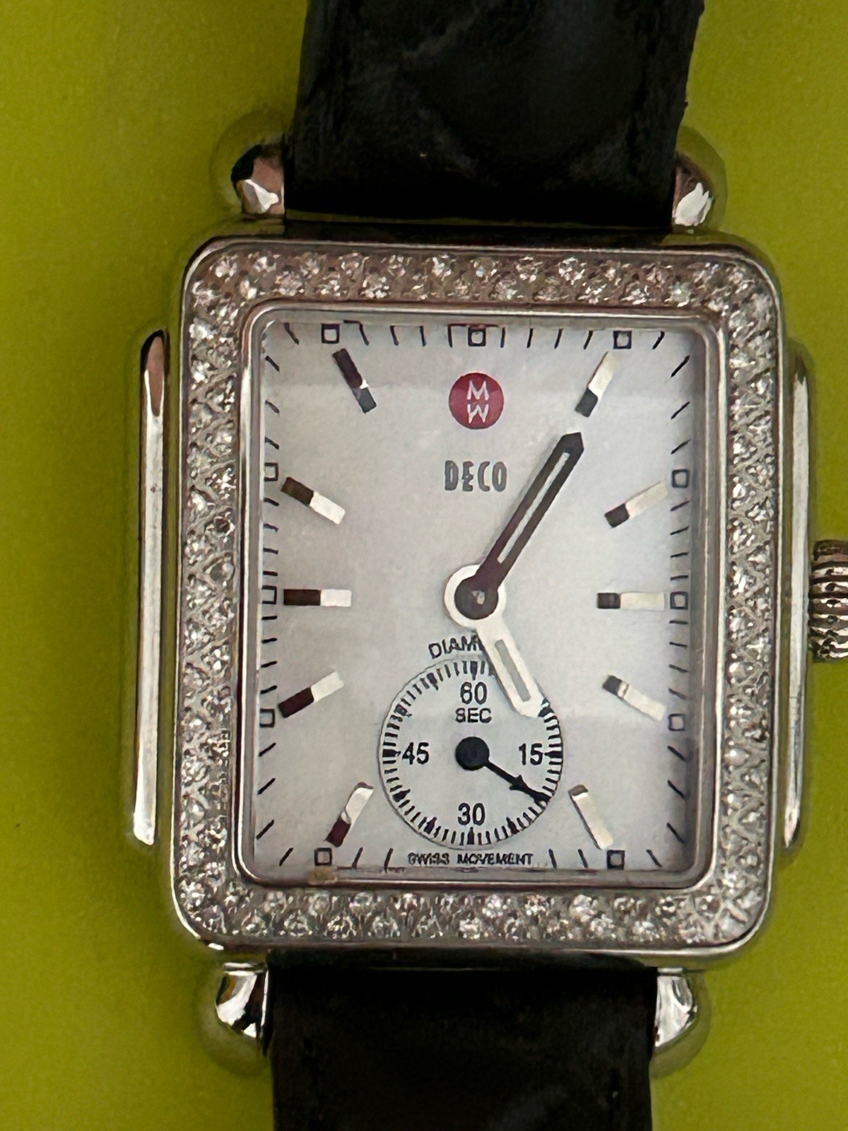 Michele Deco Diamond Watch .49ct 108 Diamonds Black Leather Sapphire