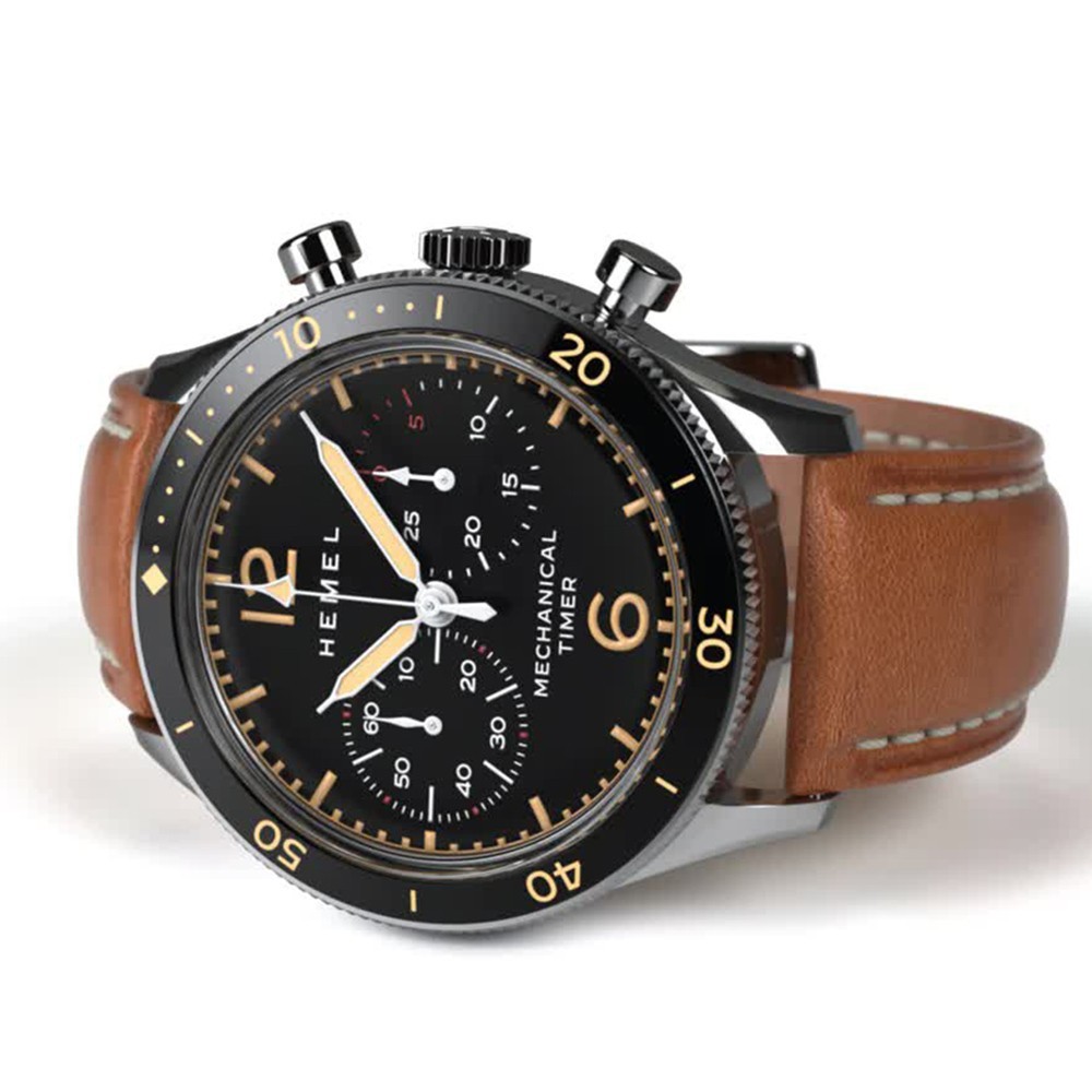 HEMEL Air Defense Mechanical Chronograph Steel Brown Black Leather Men’s Watch
