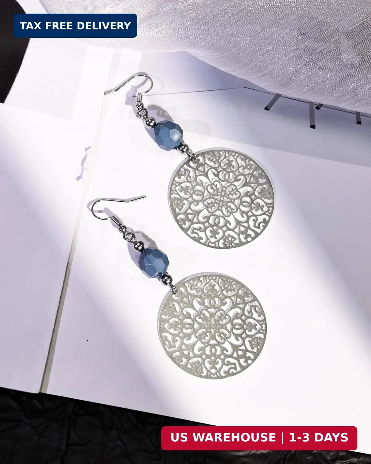 Silver Blue Bead Boho Filigree Dangle Vintage Handmade Round Disc Drop Earrings
