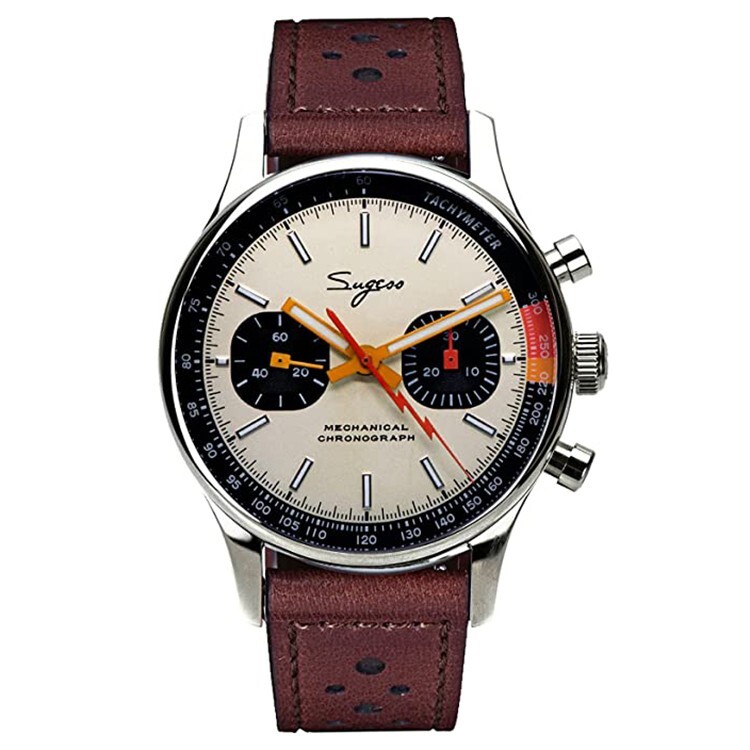 Sugess Chrono Mechanical Leather Cream Brown Steel Vintage Men’s Watch