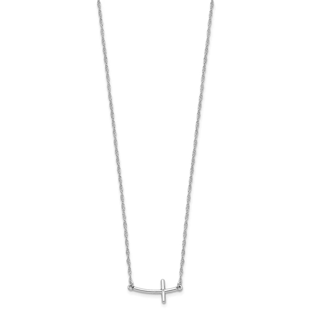 Sterling Silver Rhodium-Plated Small Sideways Curved Cross Necklace