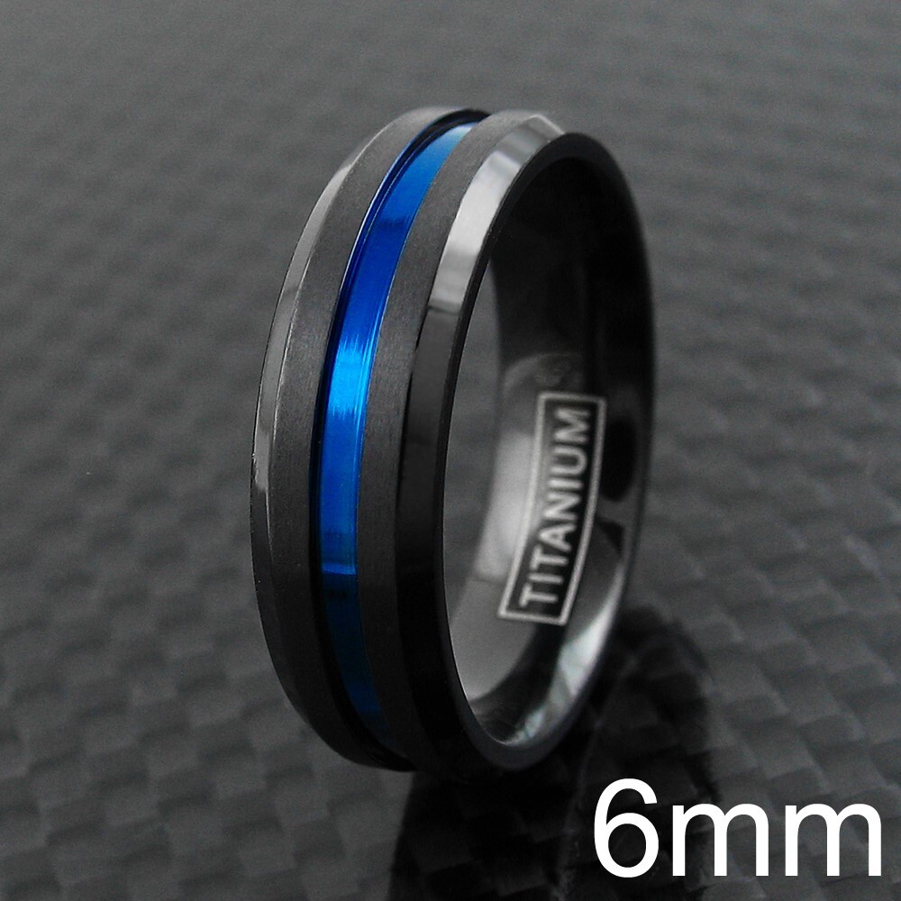 6/8mm Black Titanium Men’s Thin Blue Line Brushed Wedding Band Ring