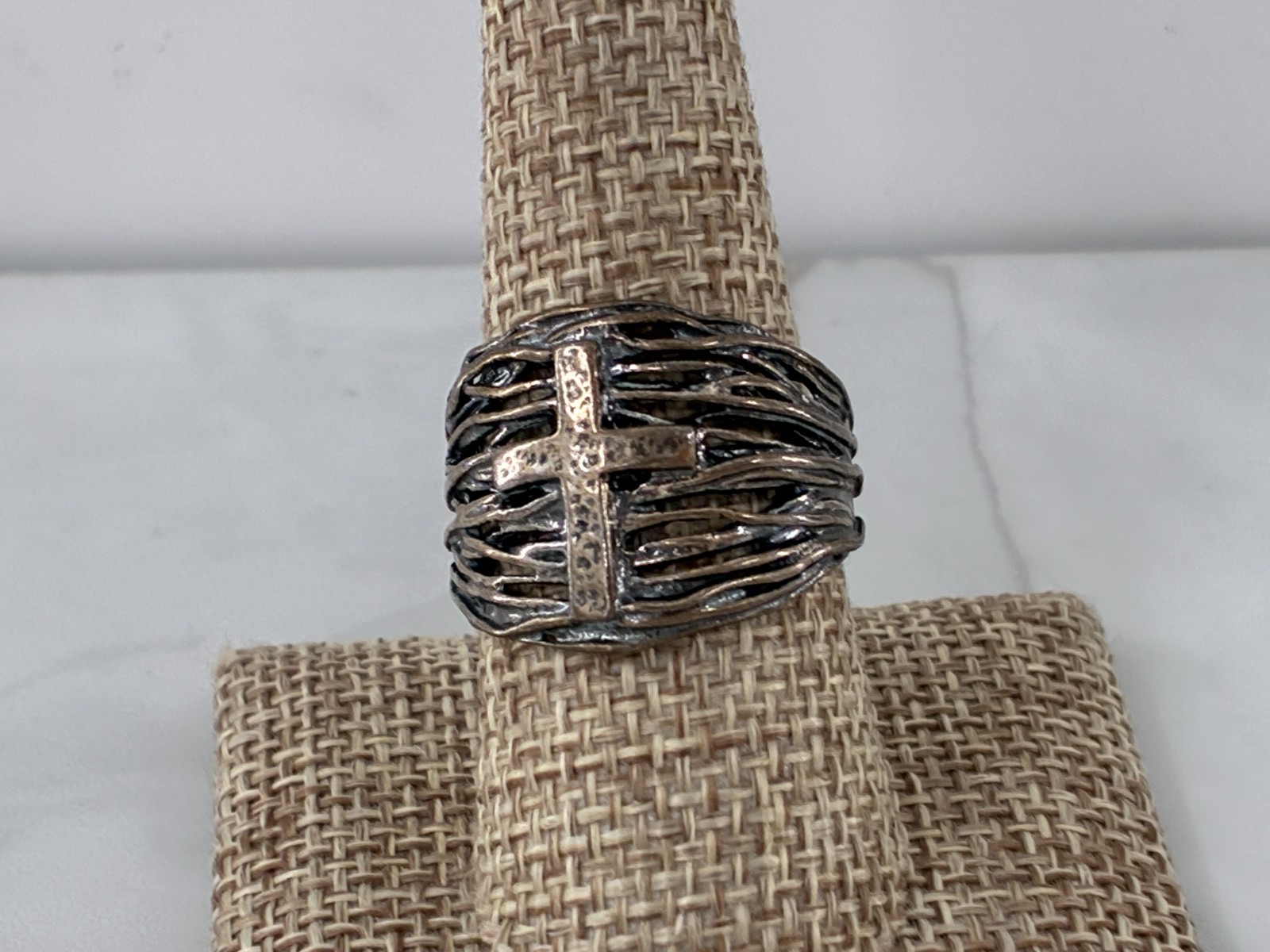 Or Paz Sterling Silver Two Tone Cross Ring 9 Wide Band Wire Vine Weave Wrap Rare