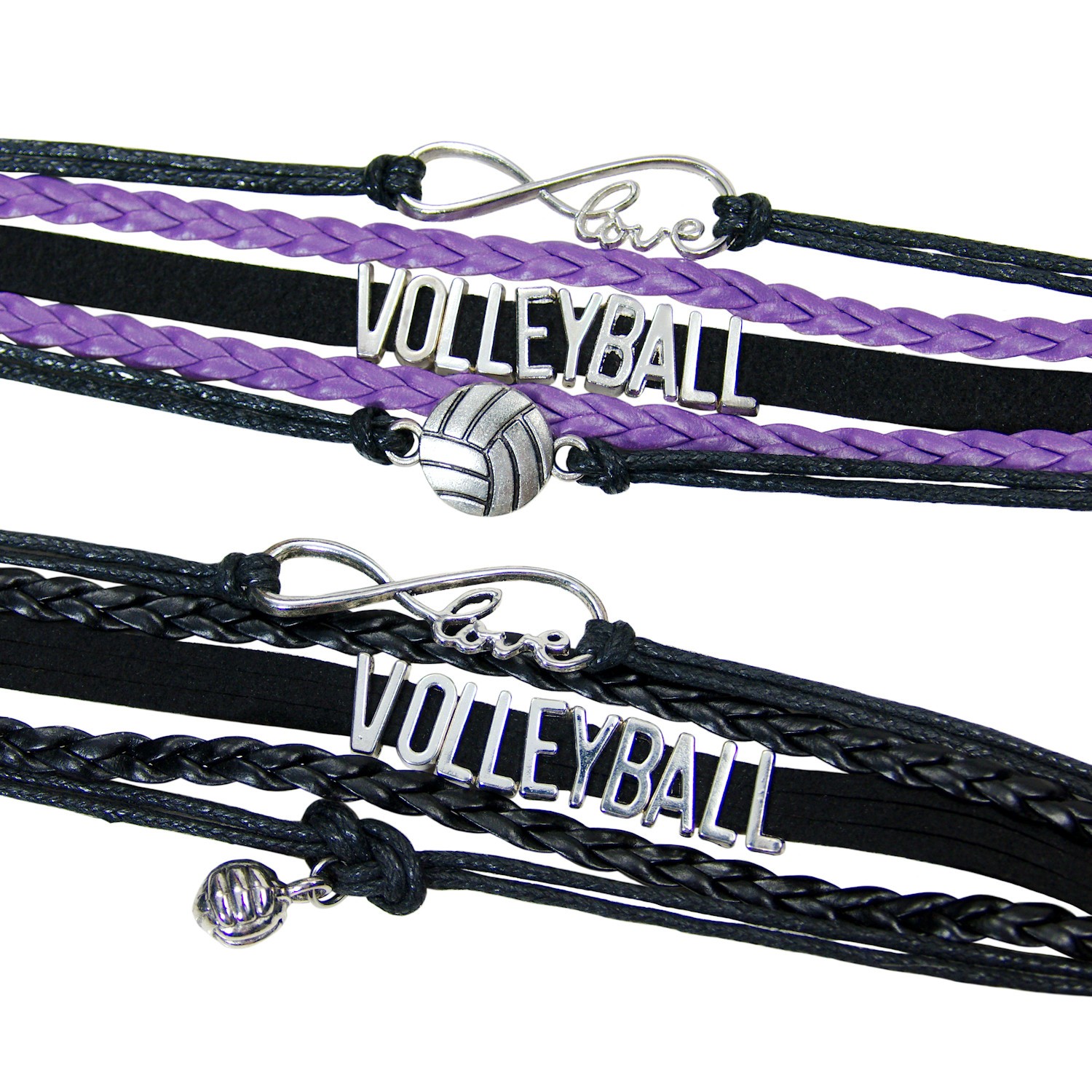 Womens Volleyball Black Purple Adjustable Bracelets Braided Cord Sports Jewelry