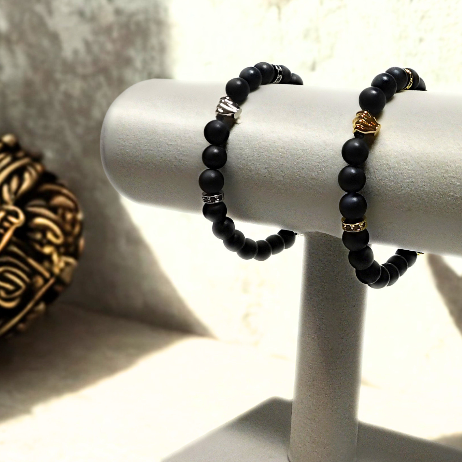 18K Yellow Gold Filled Matte Black Onyx Power Fist Bracelet Protest Jewelry Luxe