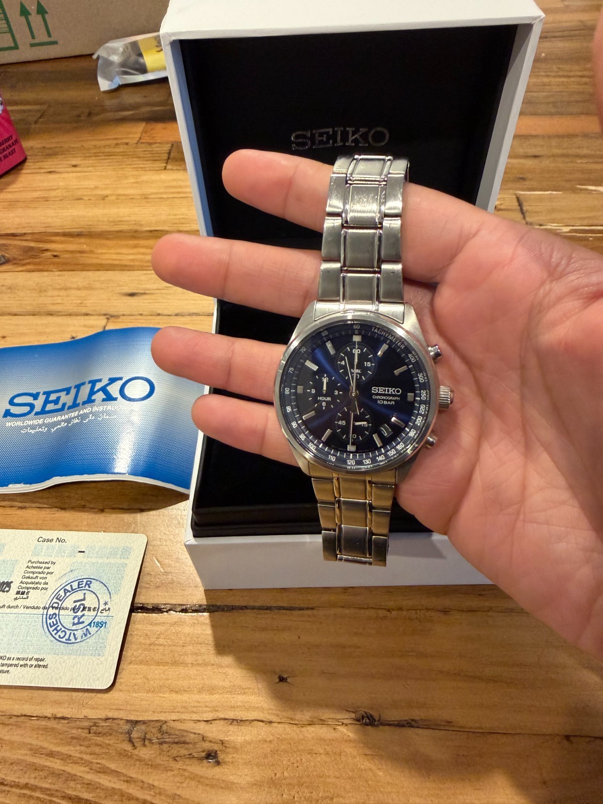 Seiko SSB377P1 Men’s Quartz Chronograph Blue Dial 100M Box Papers Warranty