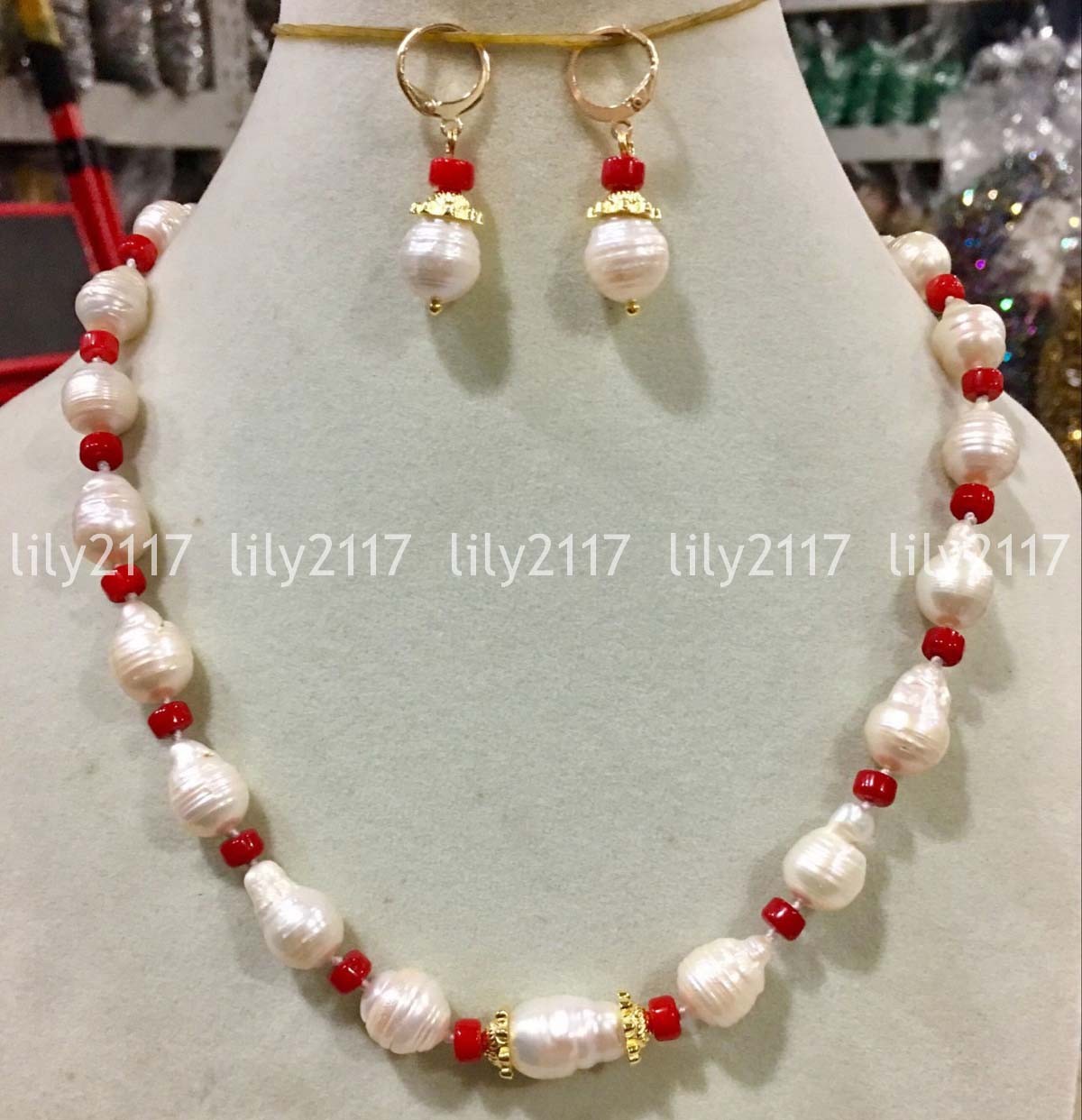 Natural 12x15mm White South Sea Baroque Pearl Red Coral Necklace Earrings Set