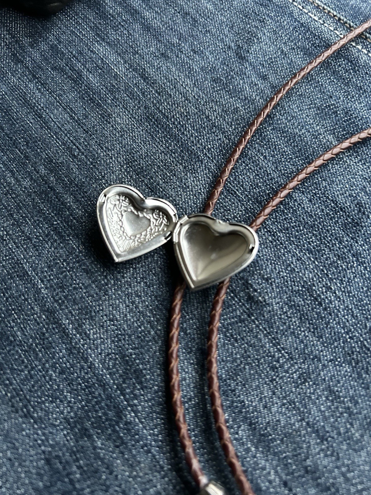 Heart Locket Bolo Tie Brown Leather Cord Handmade Vintage Style FREE SHIPPING