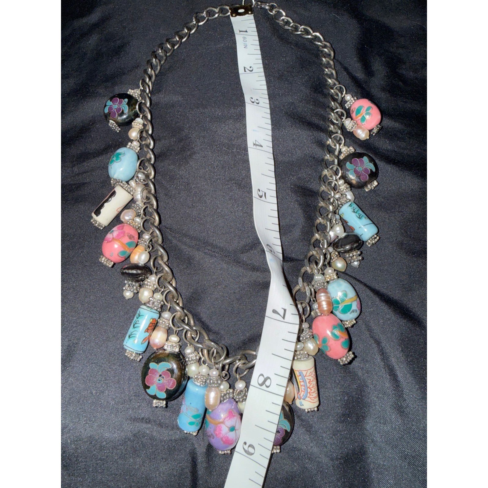Vintage Hand Painted Ceramic Bead Pearl Charm Necklace Silver Tone 18in