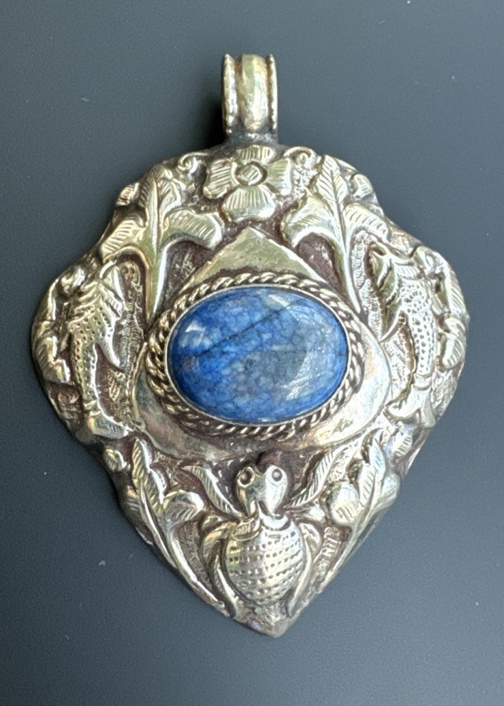 3” Tibetan Sliver Repousse Amulet Pendant w Lapis Insert Fish & Spider 42g