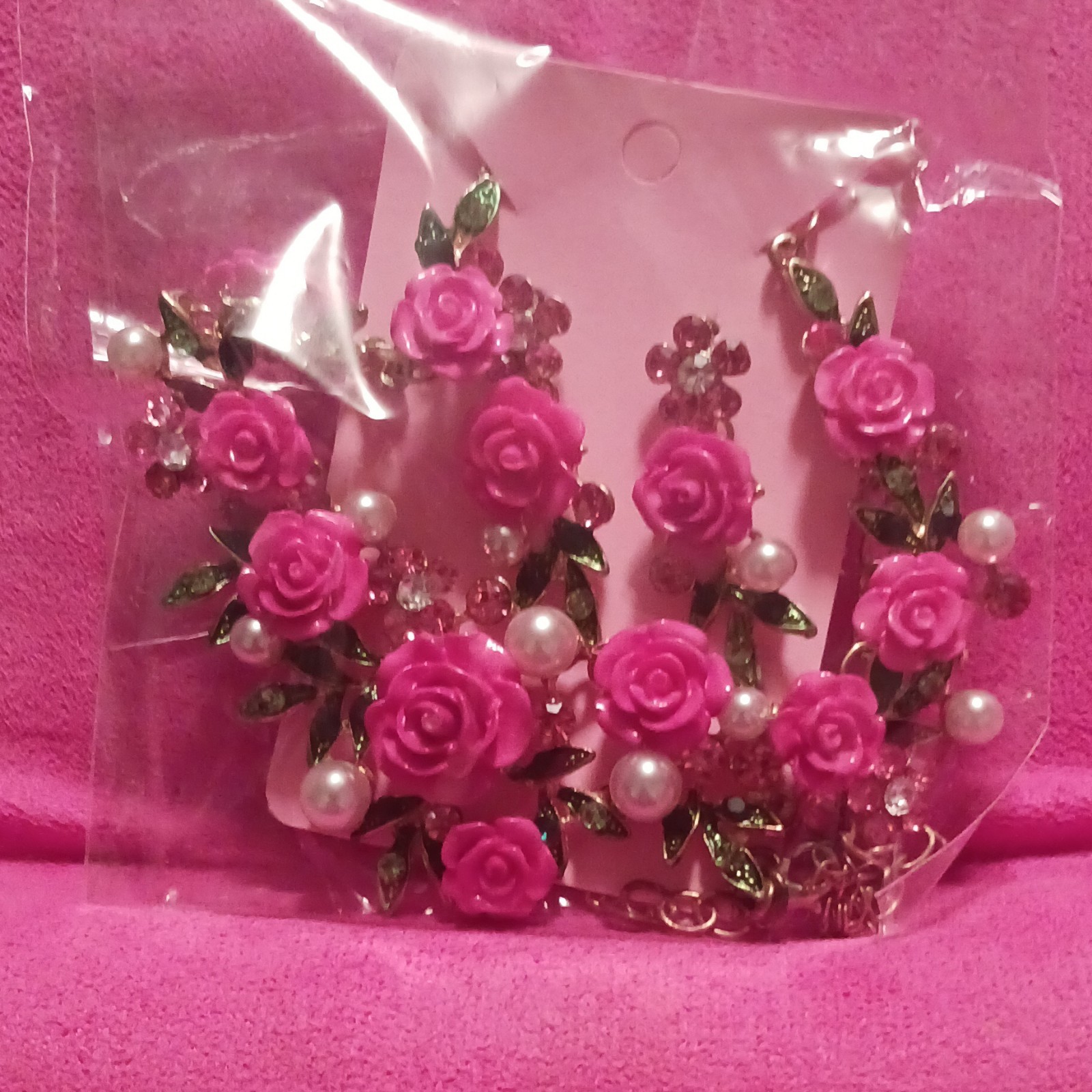 Pink Rose Flower Resin Dangle Drop Earrings w/ Matching Necklace