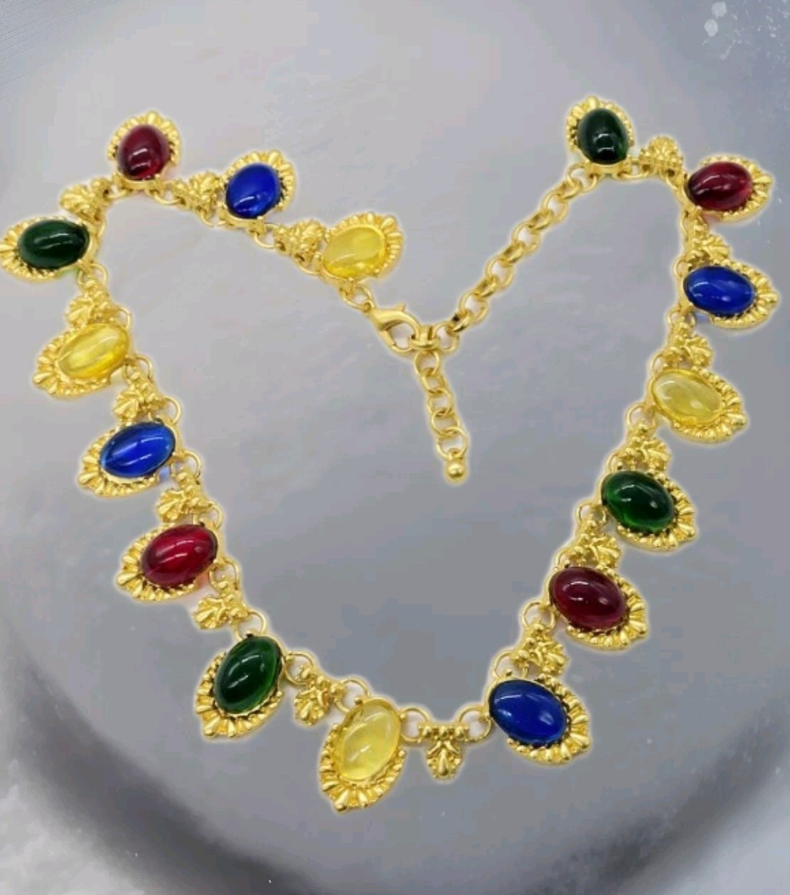 Gripoix Style Necklace Red Yellow Blue Green Matte Gold Tone Poured Resin 17 in