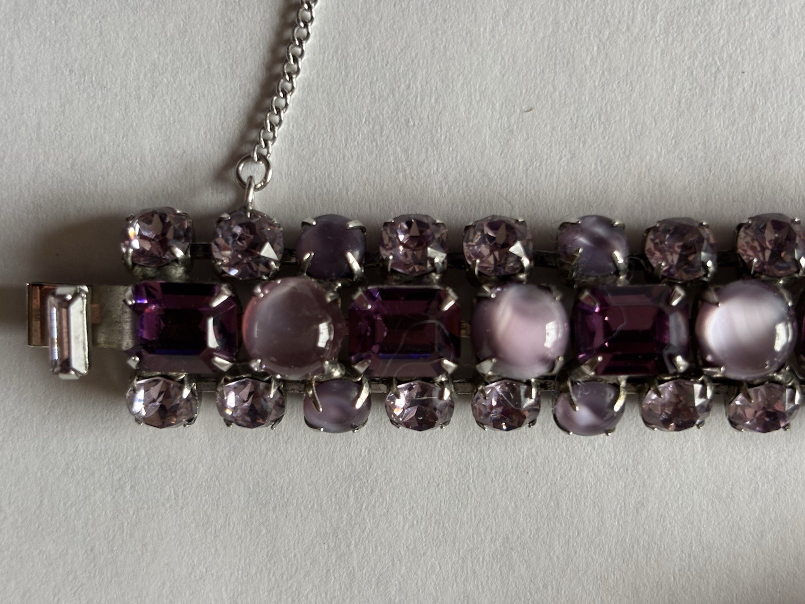 Vintage Purple Rhinestone Bracelet No Mark Great Condition 7” Silver Tone