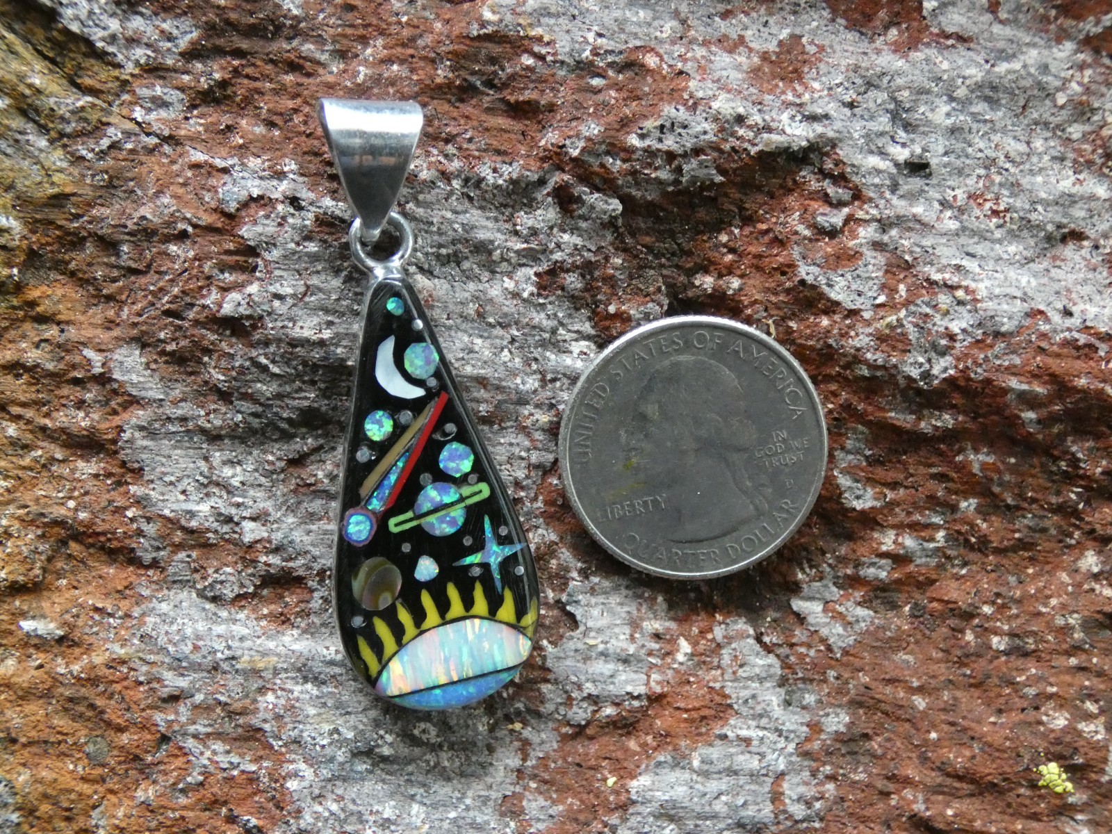 Sun Planets Night Sky Gemstone Opal Aluminum Sterling Silver Alloy Pendant AT2
