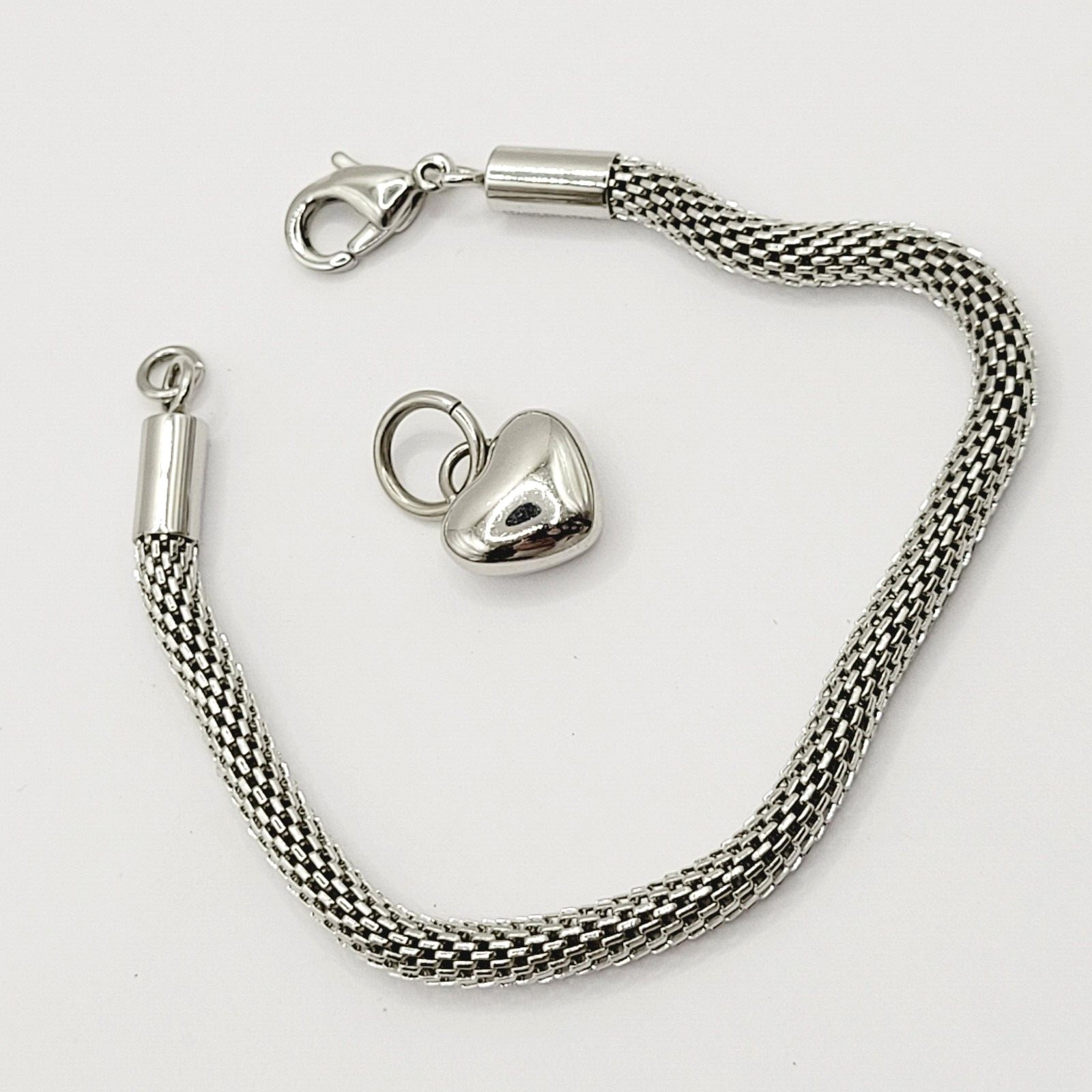 Puffy Heart Polished Charm Dangle on Silver Tone Stainless Mesh Bracelet 7 Inch