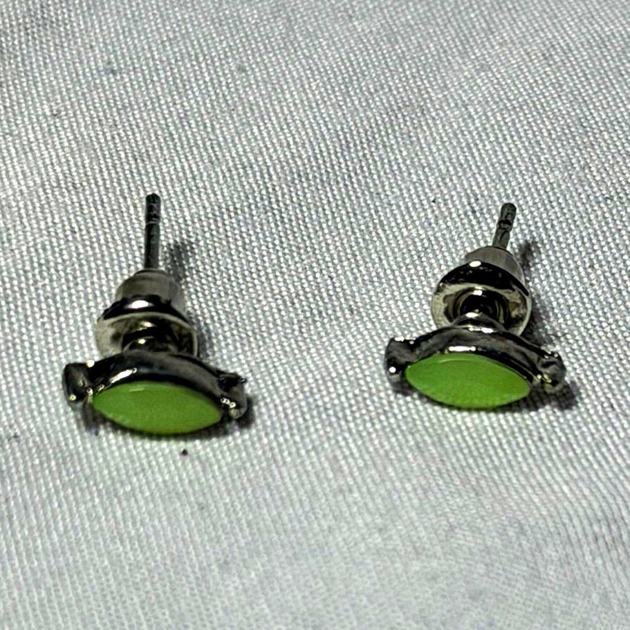 Green Oval Stone Stud Earrings Silver Tone Metal Butterfly Back Closure