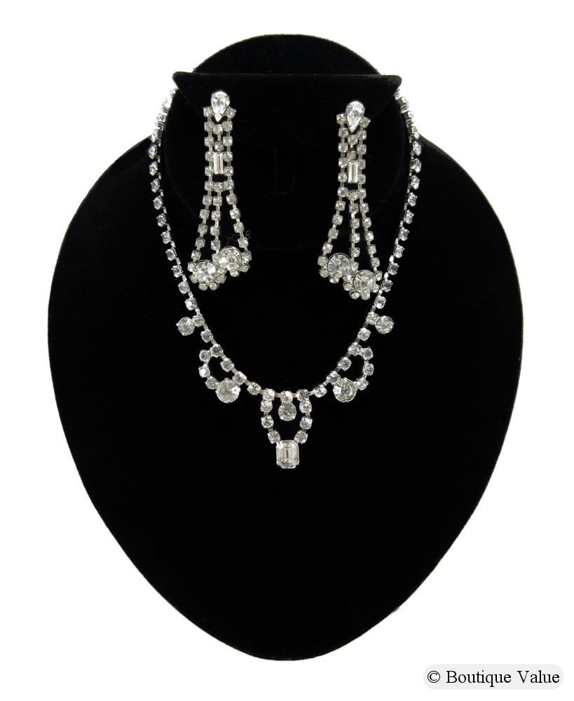 Vintage Silvertone Round Baguette Clear Rhinestones Necklace Dangle Earrings Set