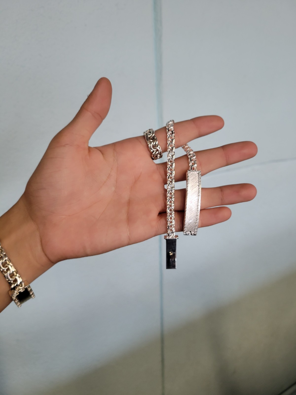 925 Sterling Silver Chino Link Solid Bracelet Greek Border Plate 8″ 6mm 22grams.