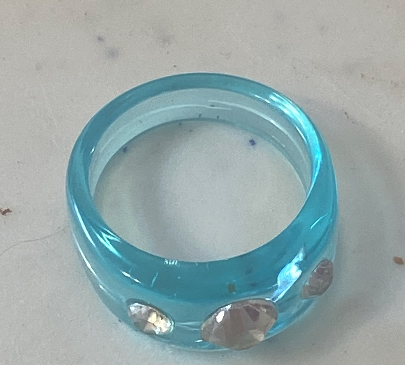 Lucite Blue Acrylic Plastic Ring Clear Rhinestones Size 6