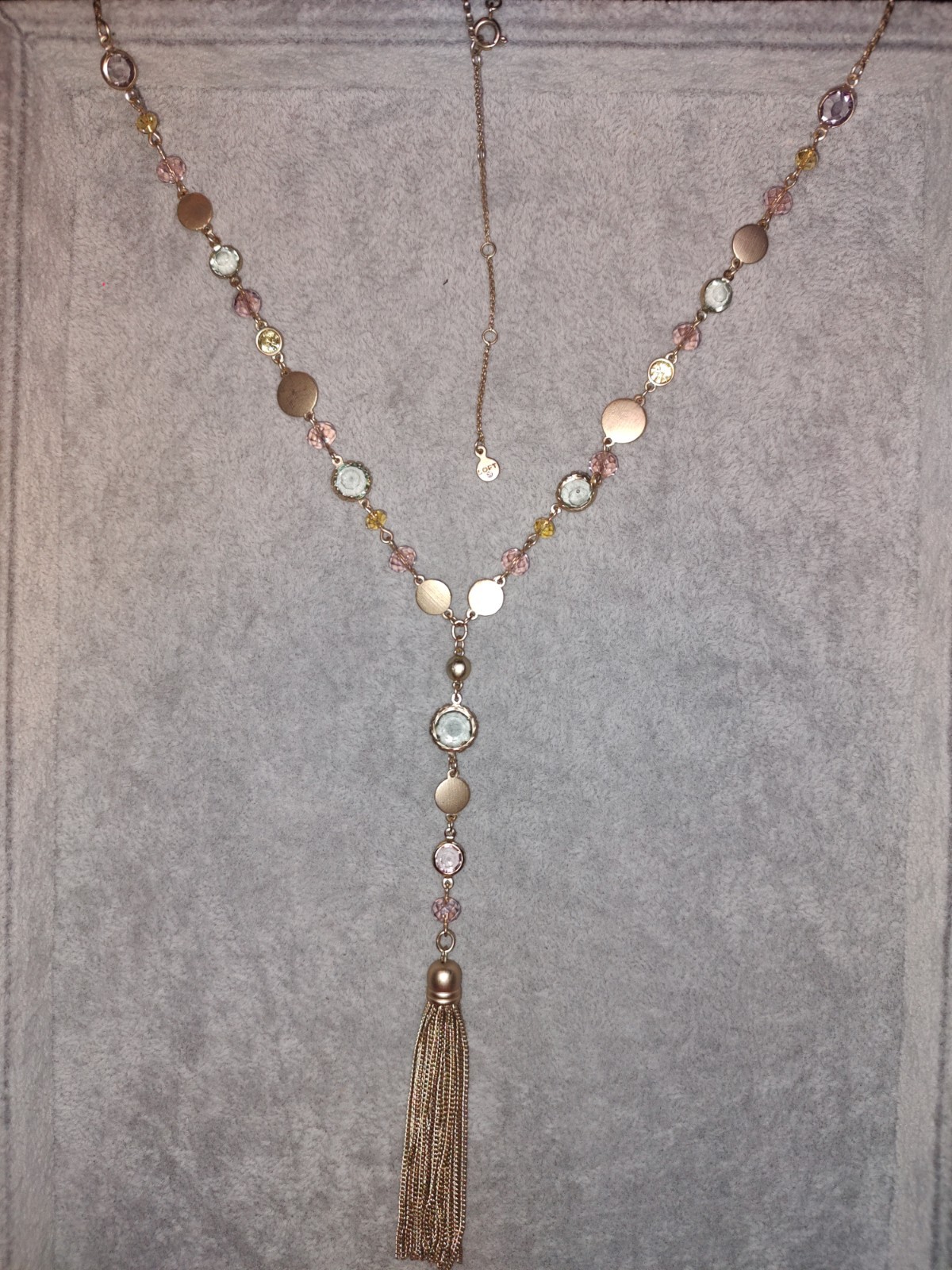 Vintage Loft goldtone and Pastel Green,Yellow, Pink Stones ,Gold tassel Necklace