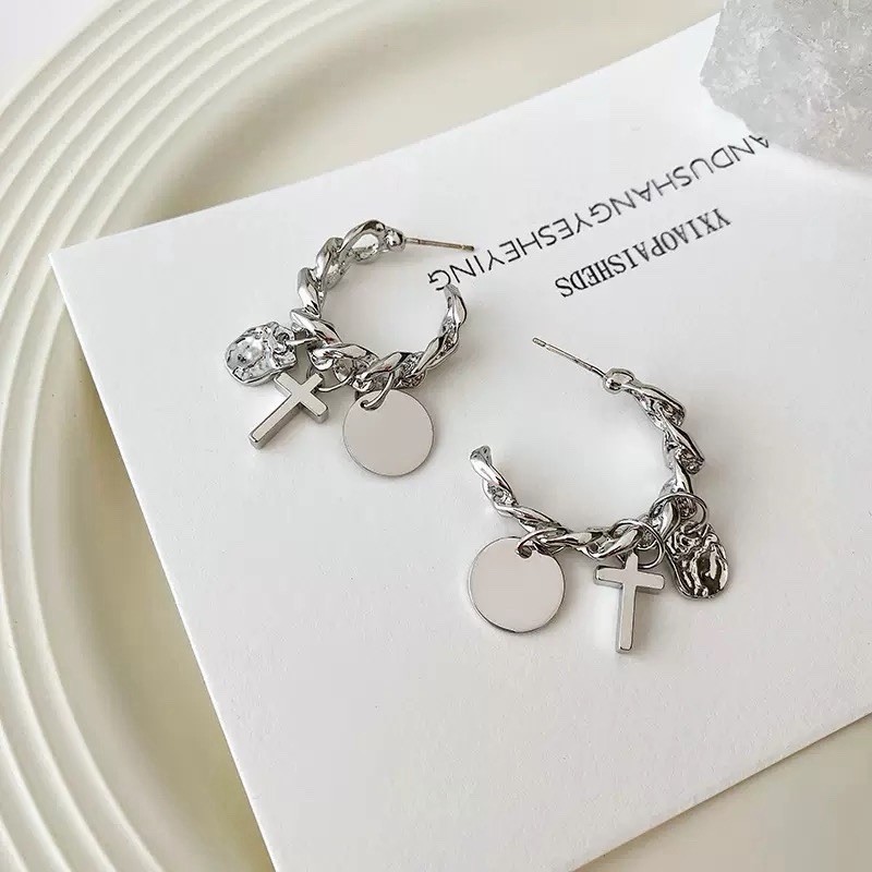 925 Silver Cross Charm Chain Hoop Earrings Vintage Dangle Huggie Earrings 444