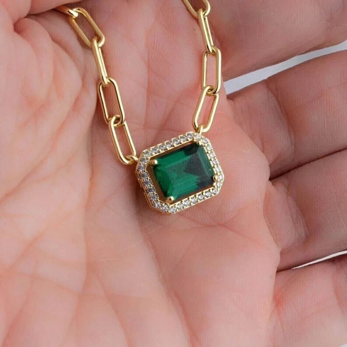 2Ct Lab Created Green Emerald Women’s Paperclip Pendant Necklace 14K Gold Plated