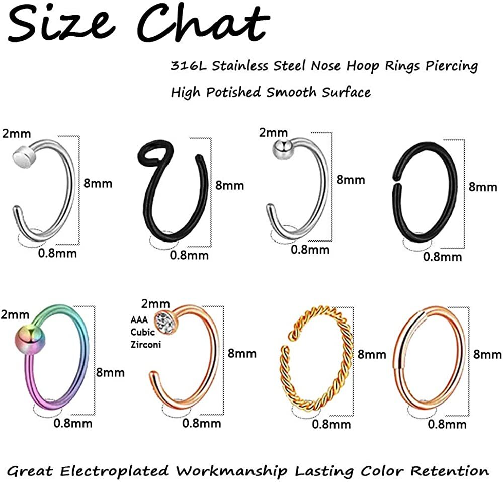 2Pcs Surgical Steel Hinged Nose Ring Hoop 20G Nostril Cartilage Earring Piercing