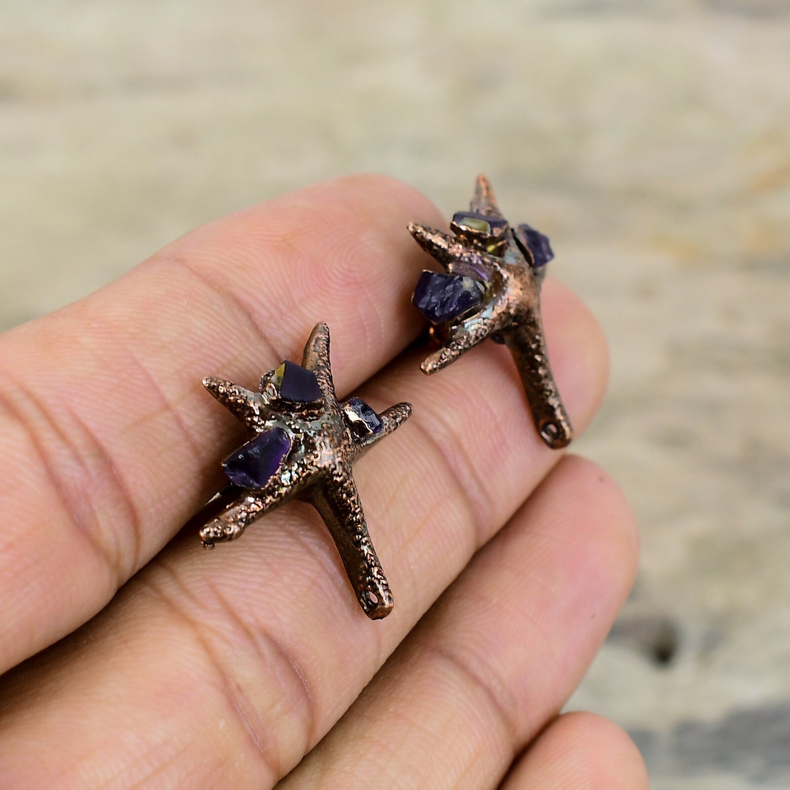 African Amethyst Rough Electroformed Earrings Handcrafted Copper Ethnic 0.98″