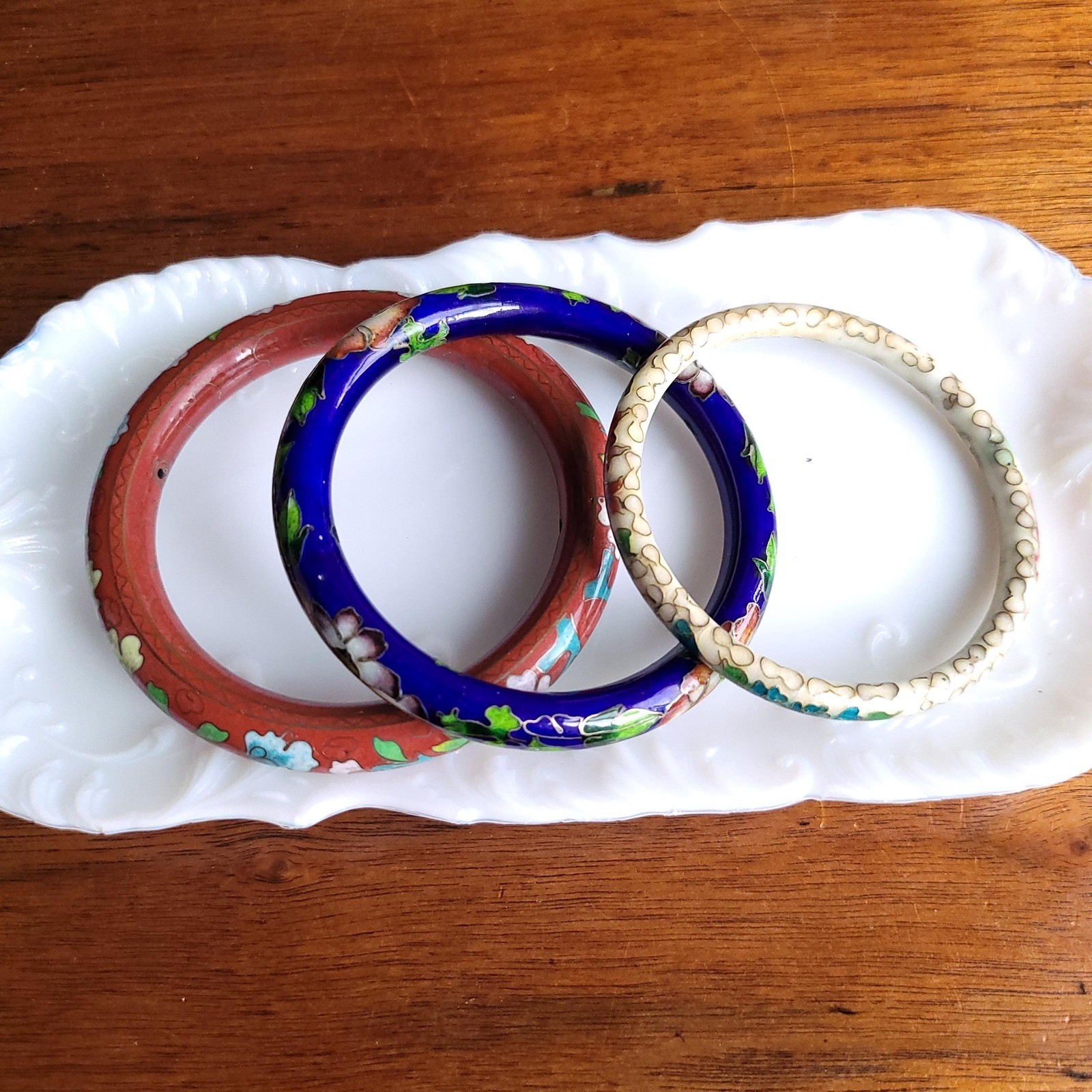 Vintage Cloisonne Bangle Group of 3 Blue, Red, and White Read Post