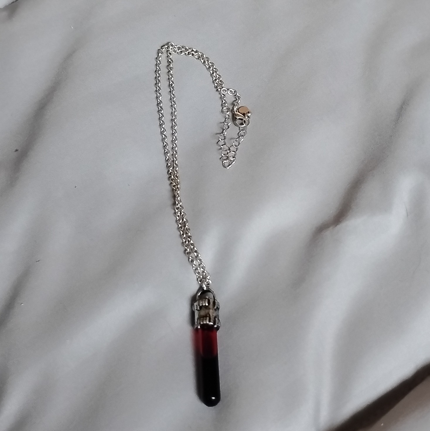 Silver Tone Adjustable Cable Chain Necklace Lobster Clasp Red/Black Glass Charm