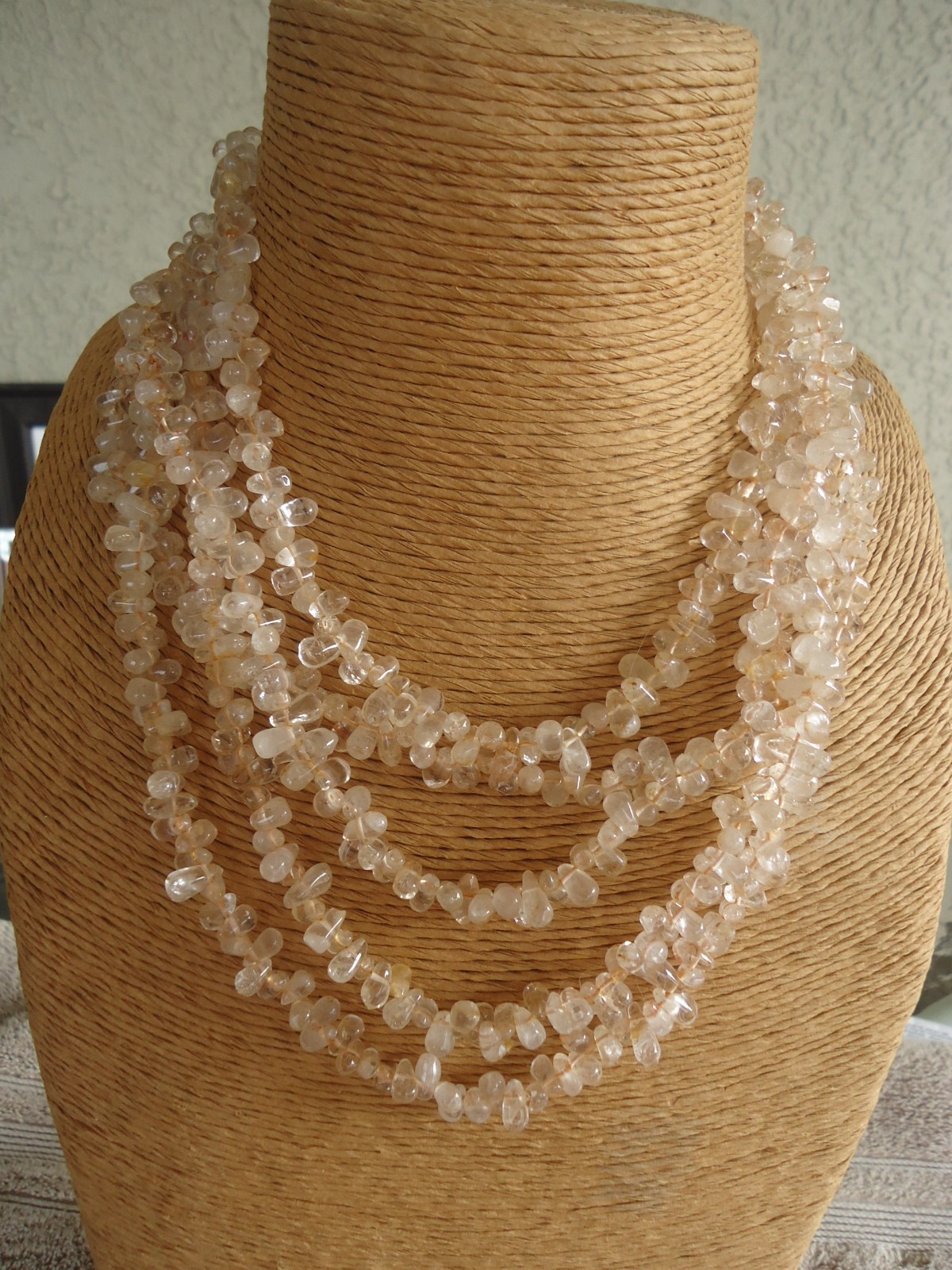 Vintage Boho 5 Strand Citrine Teardrop Beaded Necklace with Silver Tone Findings