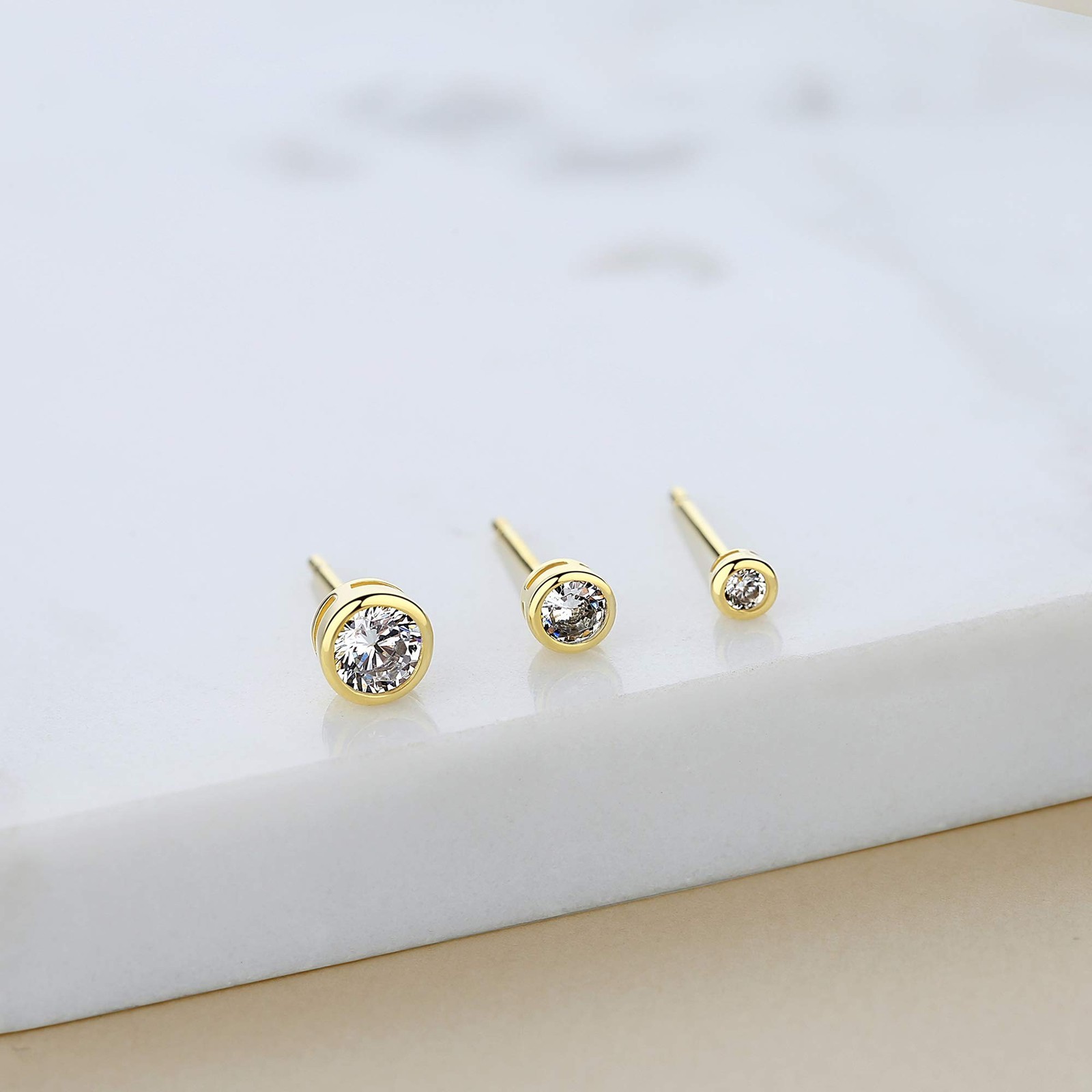 14K Gold Plated 925 Sterling Silver Cubic Zirconia Round Bezel Set Stud Earri…
