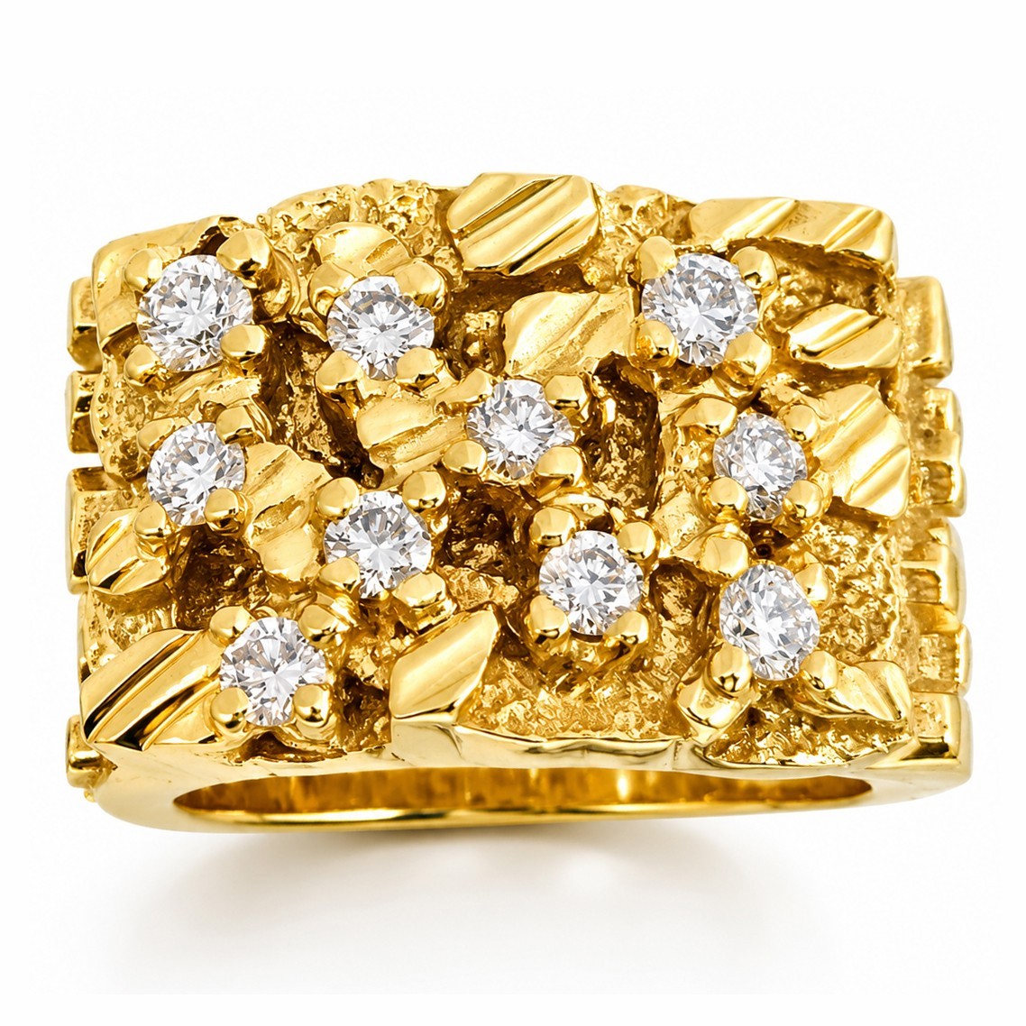 Real 18K Yellow Gold .70 Carat Wide Face Diamond Mens Nugget Ring Natural or Lab