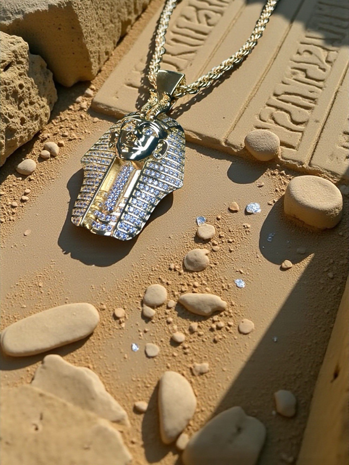 18K GOLD ROPE 24” CHAIN EGYPTIAN PHARAOH LAB DIAMONDS NECKLACE **MADE IN ITALY**