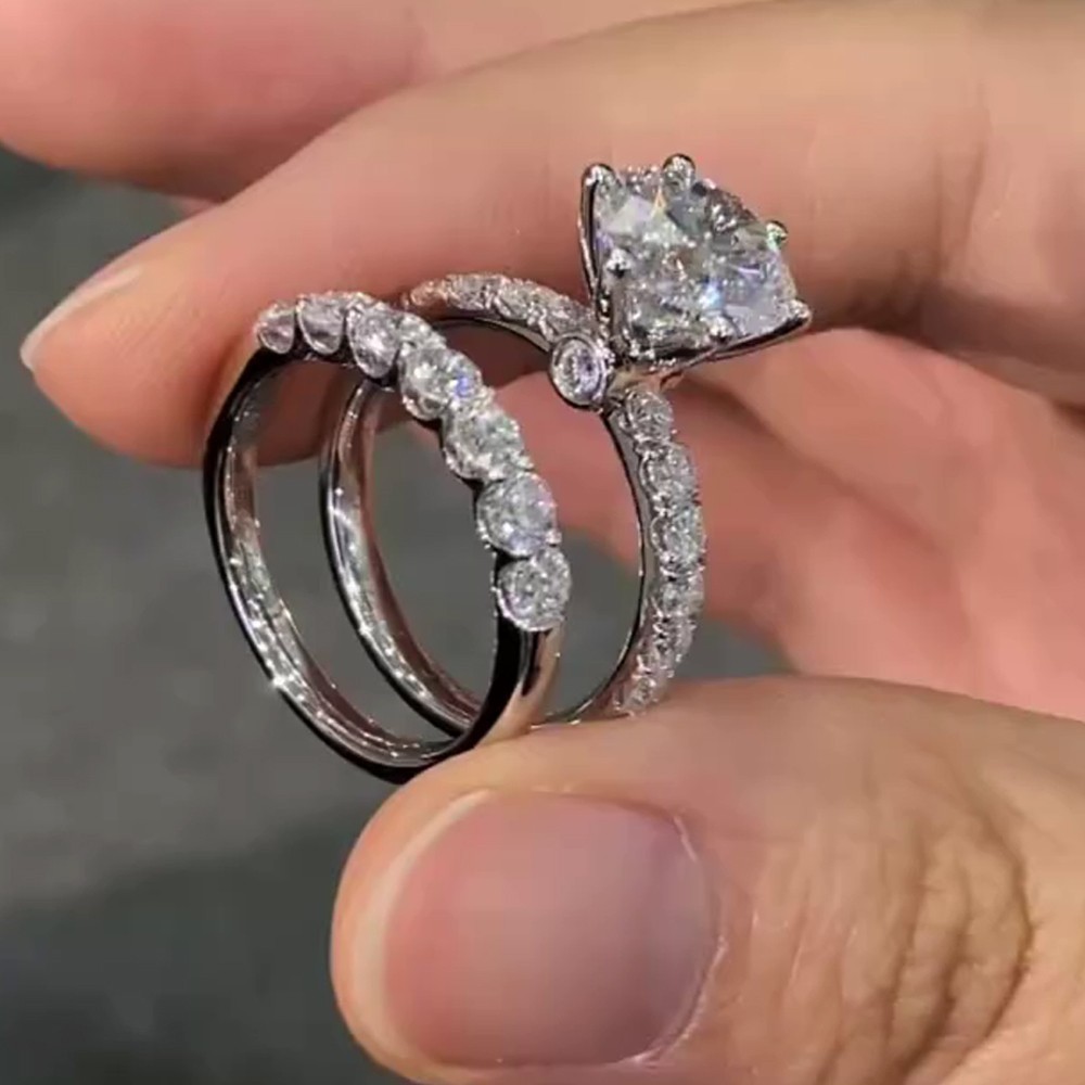 14K White Gold Finish 3.36 Ctw Round Cut Created Diamond Engagement Ring Set