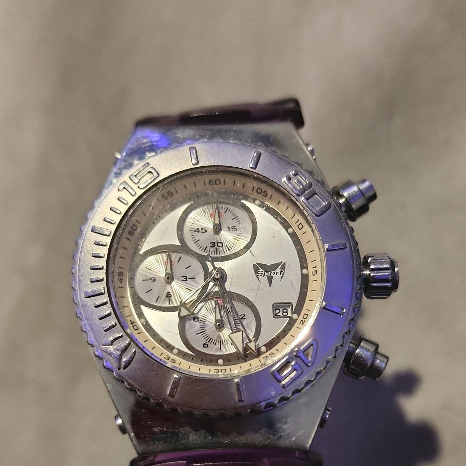 Quartz Chronograph Date Sport Watch, Silver SS Case, Purple Rubber, 50m