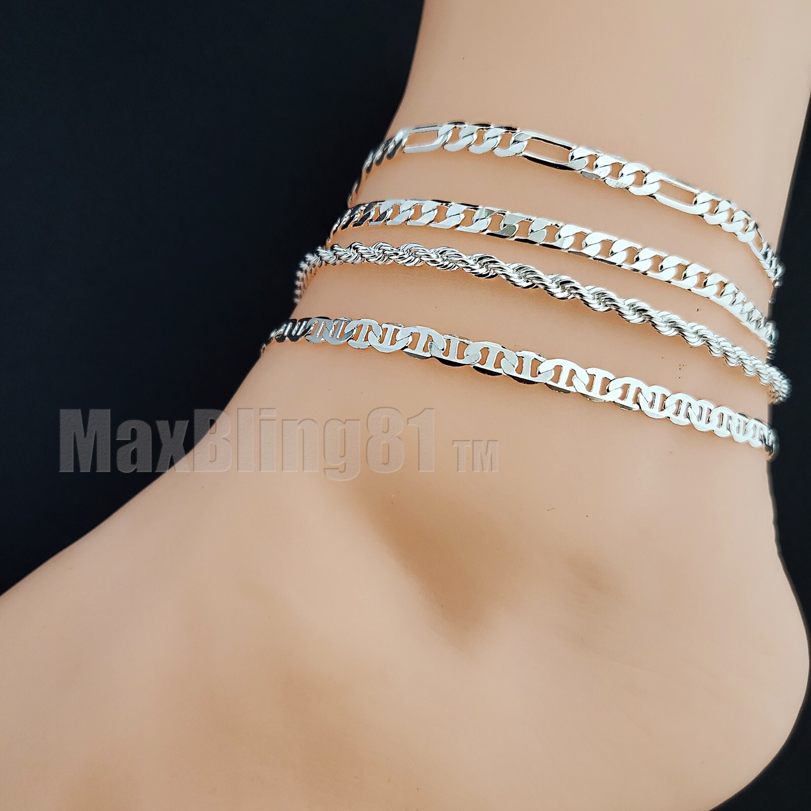 925 STERLING SILVER CUBAN FIGARO MARINA ROPE CHAIN 10″ FASHION ANKLET BRACELET