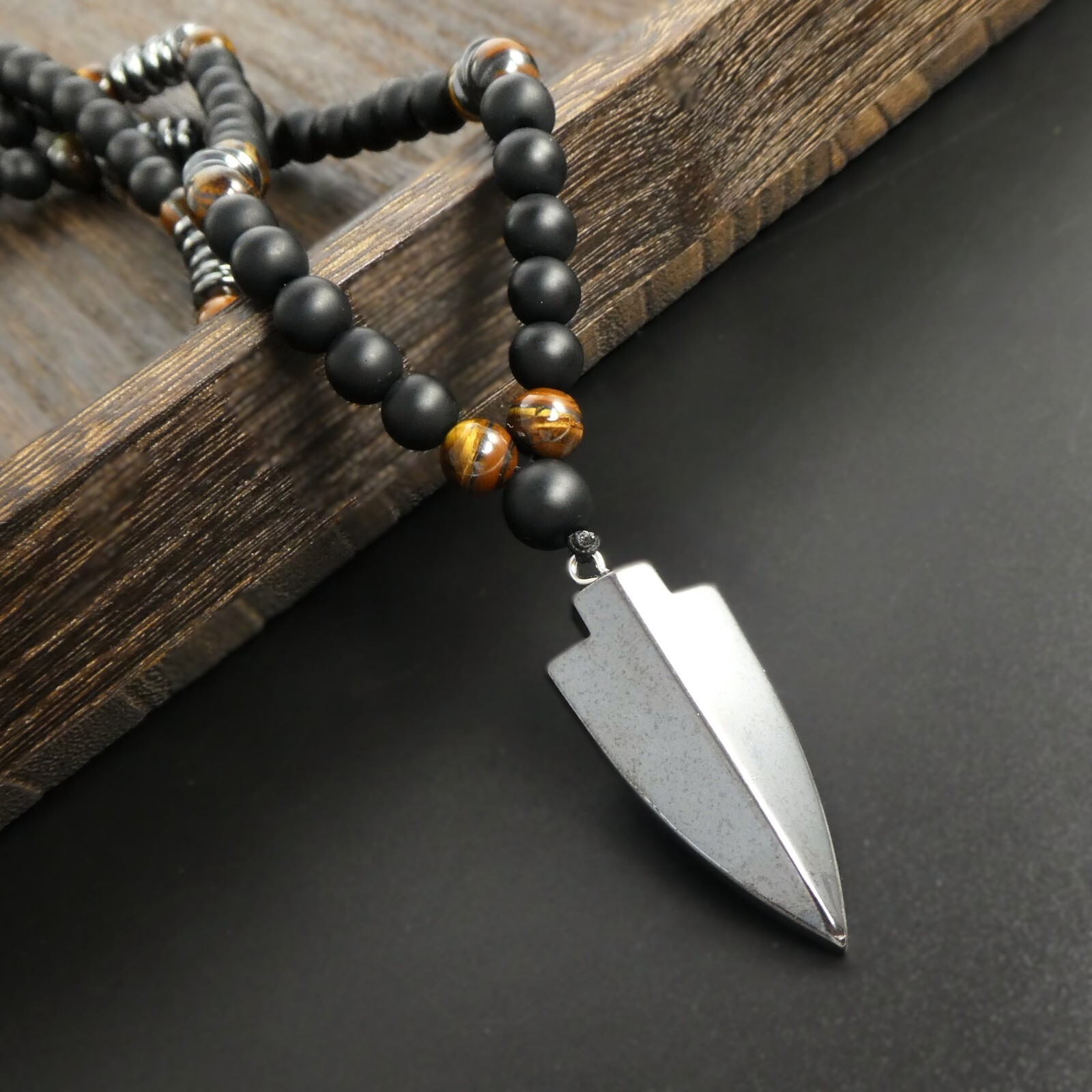 Tiger Eye Matte Black Onyx Hematite Arrowhead Pendant 29″ Long Necklace Man Gift